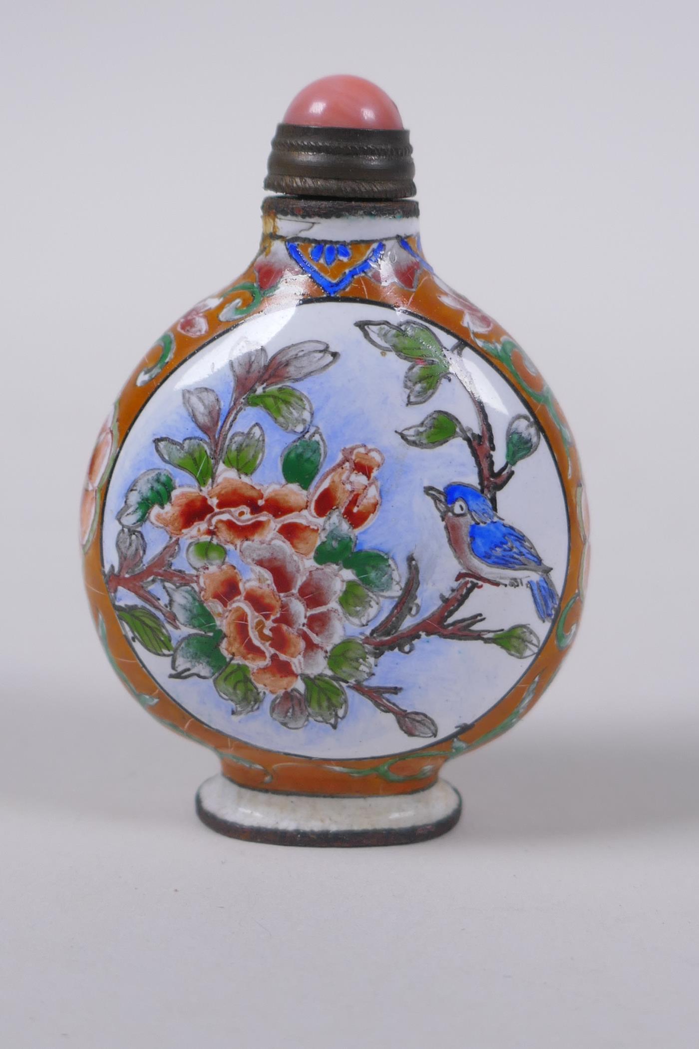 A Chinese enamel snuff bottle decorated with birds and flowers, 4 character mark to base, 5cm high - Image 3 of 4