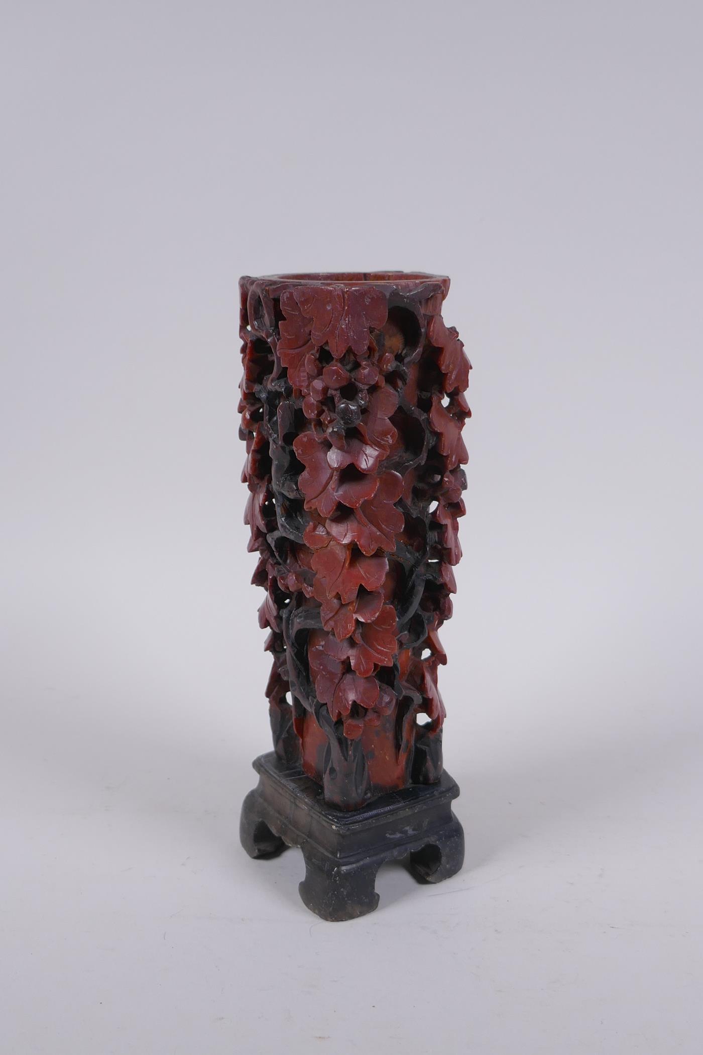 A Chinese carved soapstone vase with pierced grape vine decoration, AF repair, 20cm high - Image 2 of 6