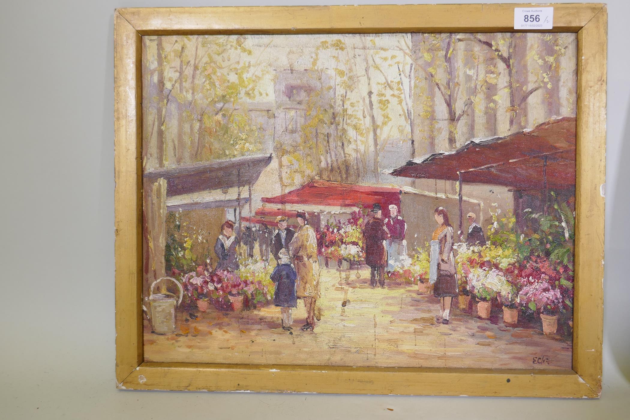 Continental flower market, oil on canvas board, signed with a monogram, mid C20th, and Charles - Image 2 of 6
