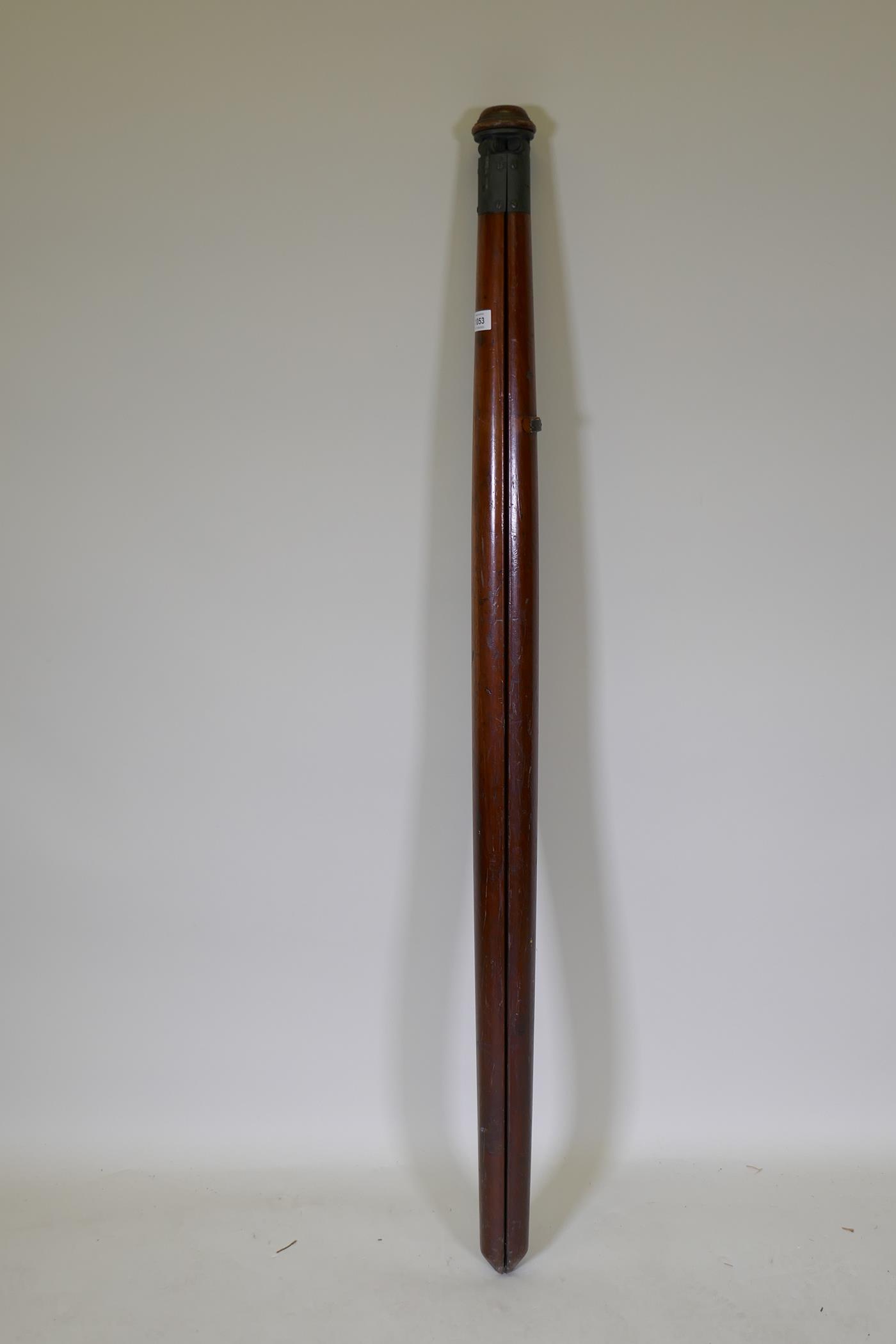 A C19th mahogany surveyor's tripod/camera stand, with bronze mounts and swivel head, 143cm long - Image 3 of 3