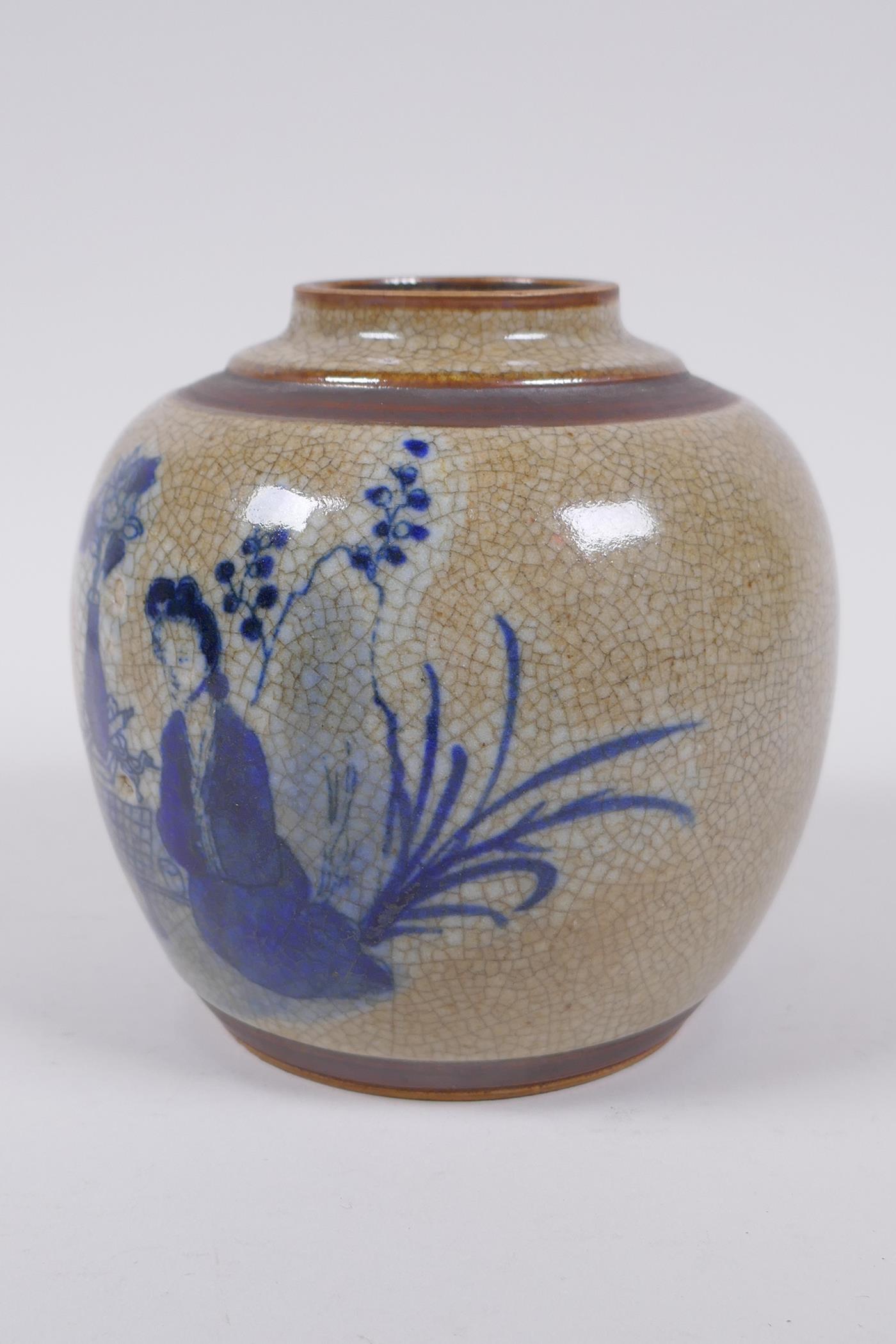 A Chinese blue and white crackleware ginger jar with bronze style bands and depictions of women - Image 2 of 5