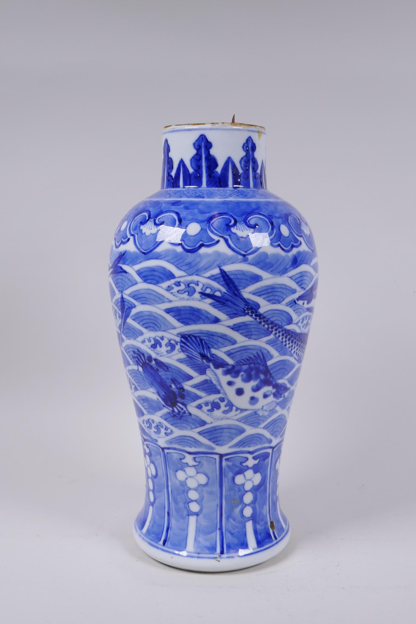 A C19th Chinese blue and white porcelain vase decorated with carp and crabs, Xuande 4 character mark - Image 3 of 9