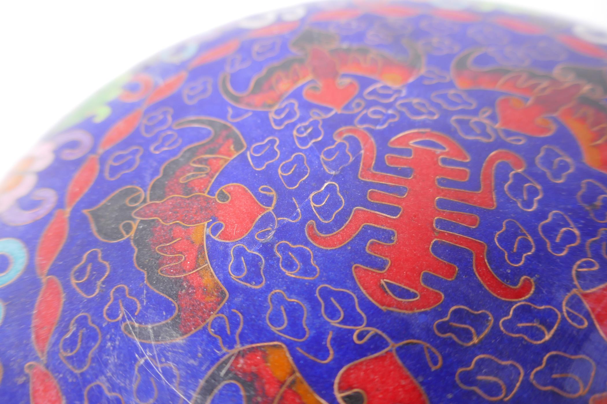 A Chinese cloisonne enamel dish decorated with auspicious symbols, bats and birds, crack to base, - Image 3 of 3