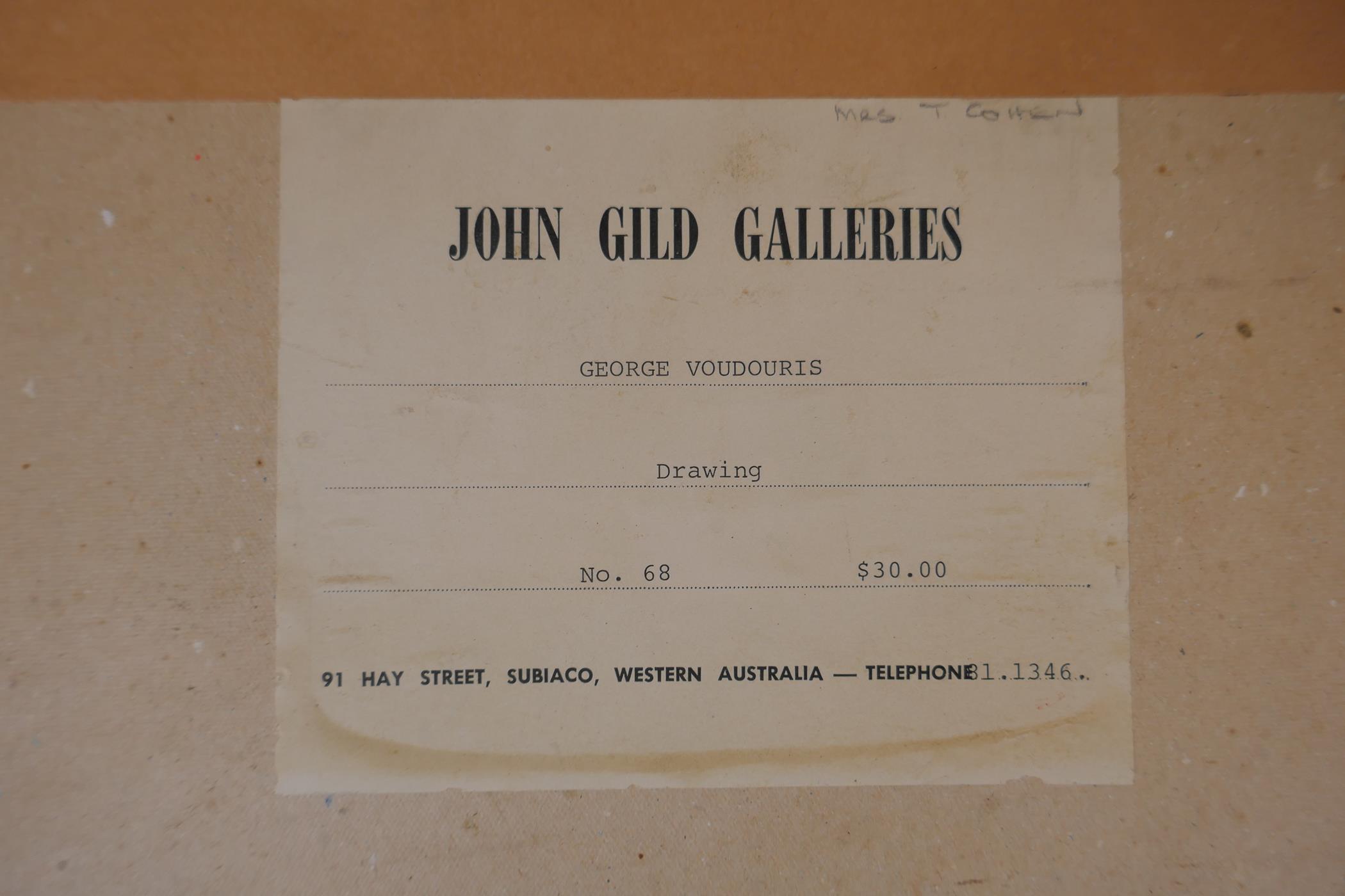 George Voudouris, Animalier study, Australian Gallery label verso, signed pen and ink drawing, - Image 4 of 5