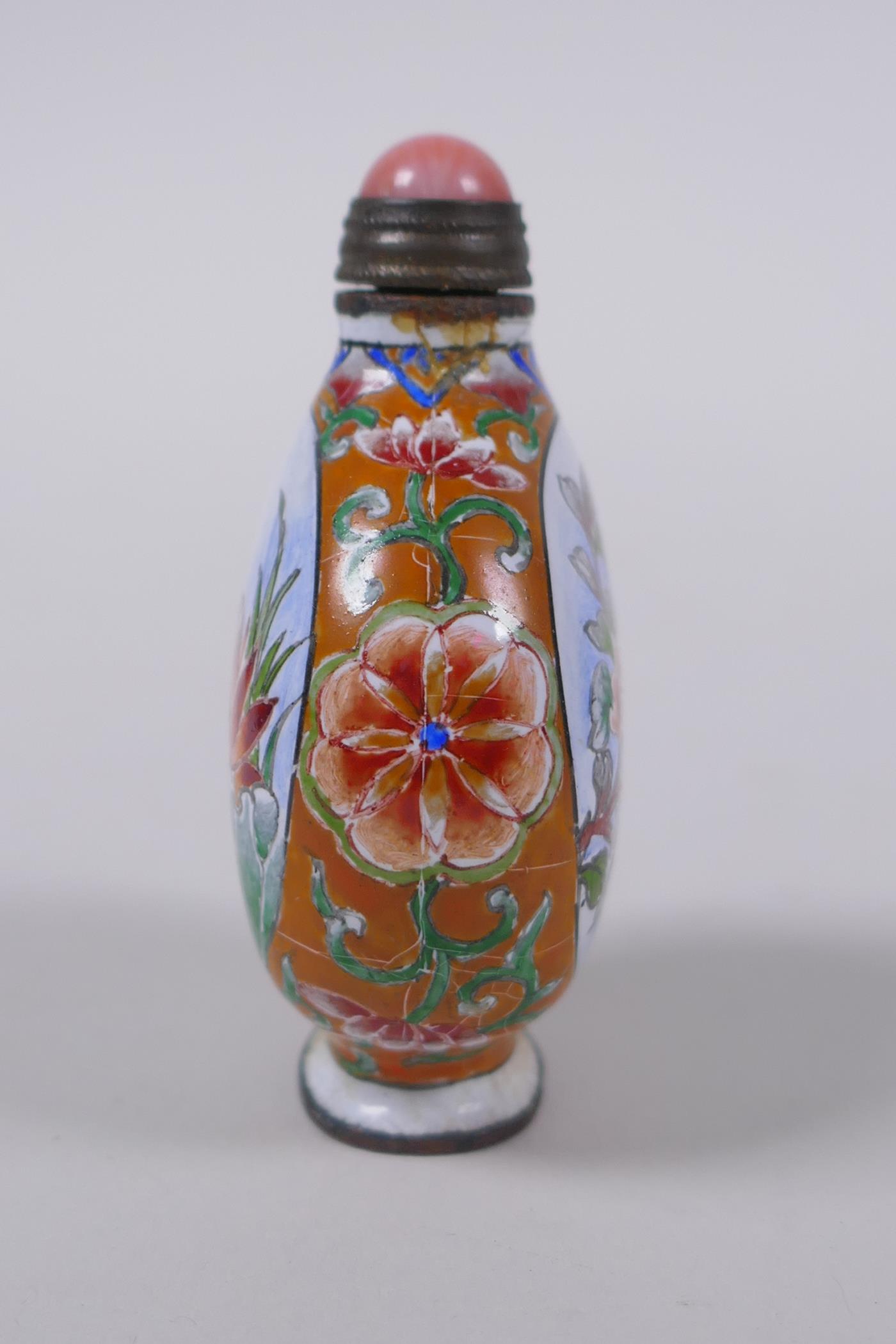 A Chinese enamel snuff bottle decorated with birds and flowers, 4 character mark to base, 5cm high - Image 2 of 4