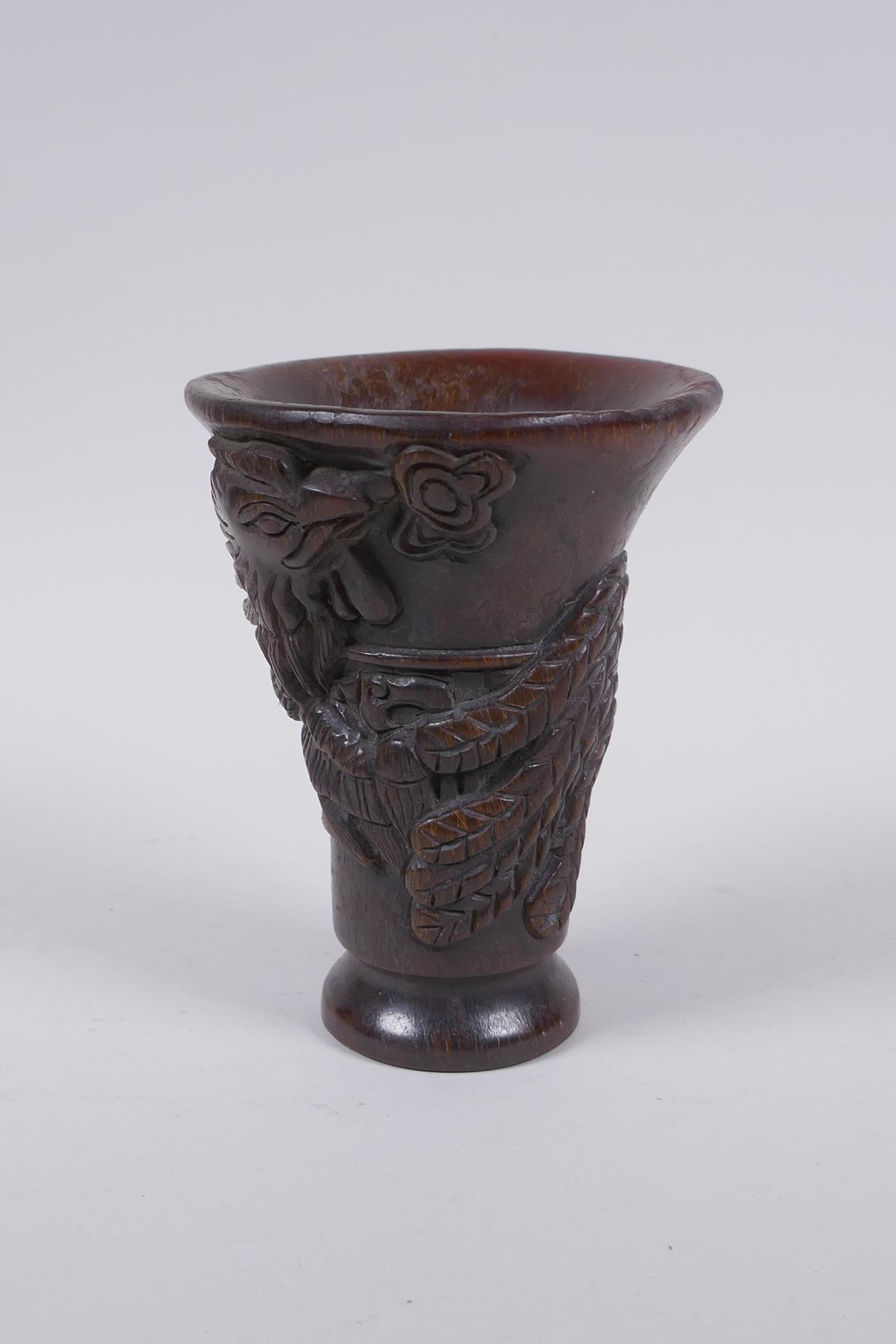 A Chinese faux horn libation cup with raised phoenix  decoration, 13cm high - Image 2 of 5