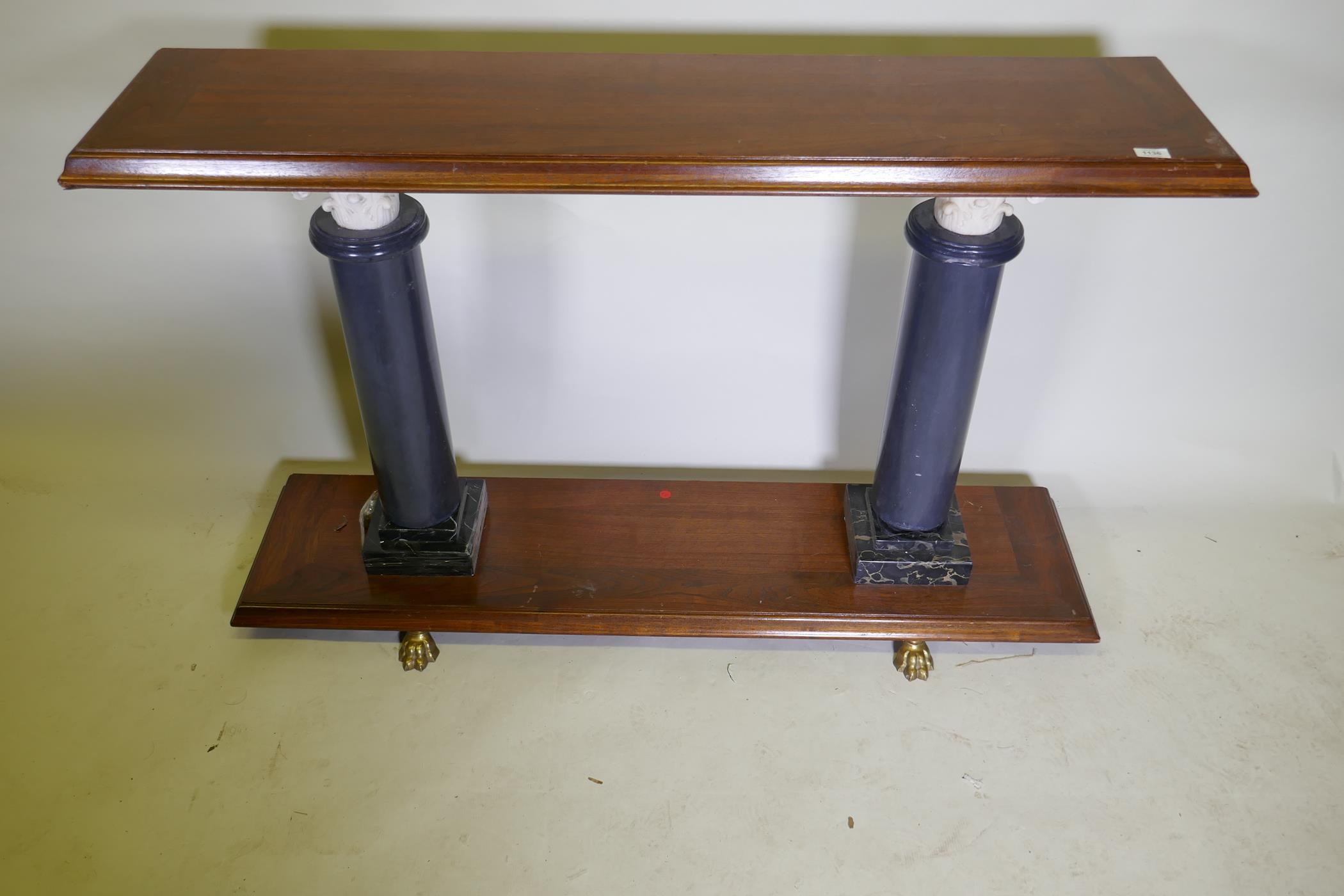 A contemporary hardwood console table, raised on two marble columns, AF threads, 141 x 36 x 87cm - Image 2 of 2