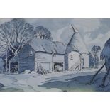 Emrys Davies, farmstead with oast house, pen and wash, signed, 27 x 19cm