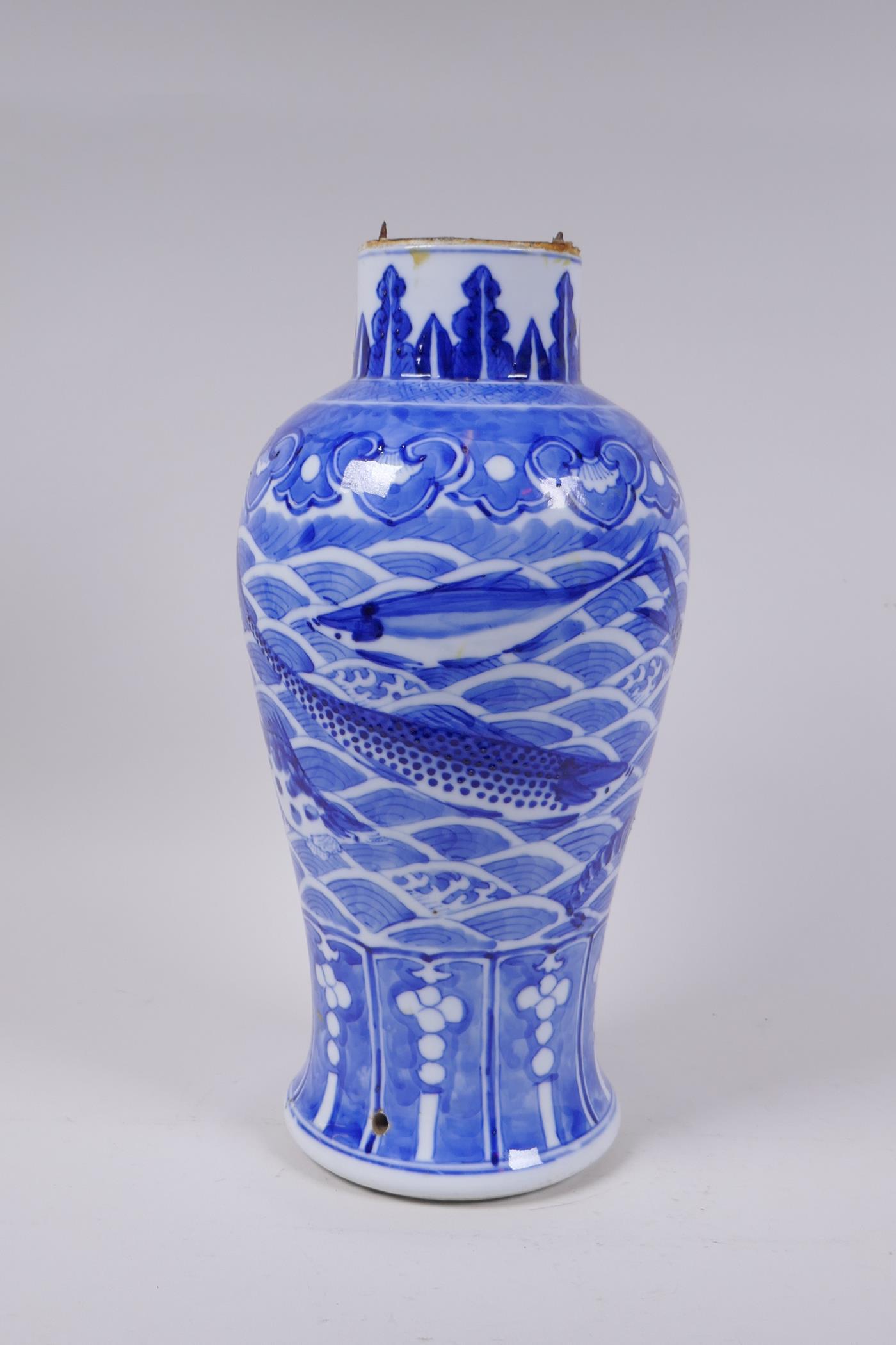 A C19th Chinese blue and white porcelain vase decorated with carp and crabs, Xuande 4 character mark - Image 4 of 9