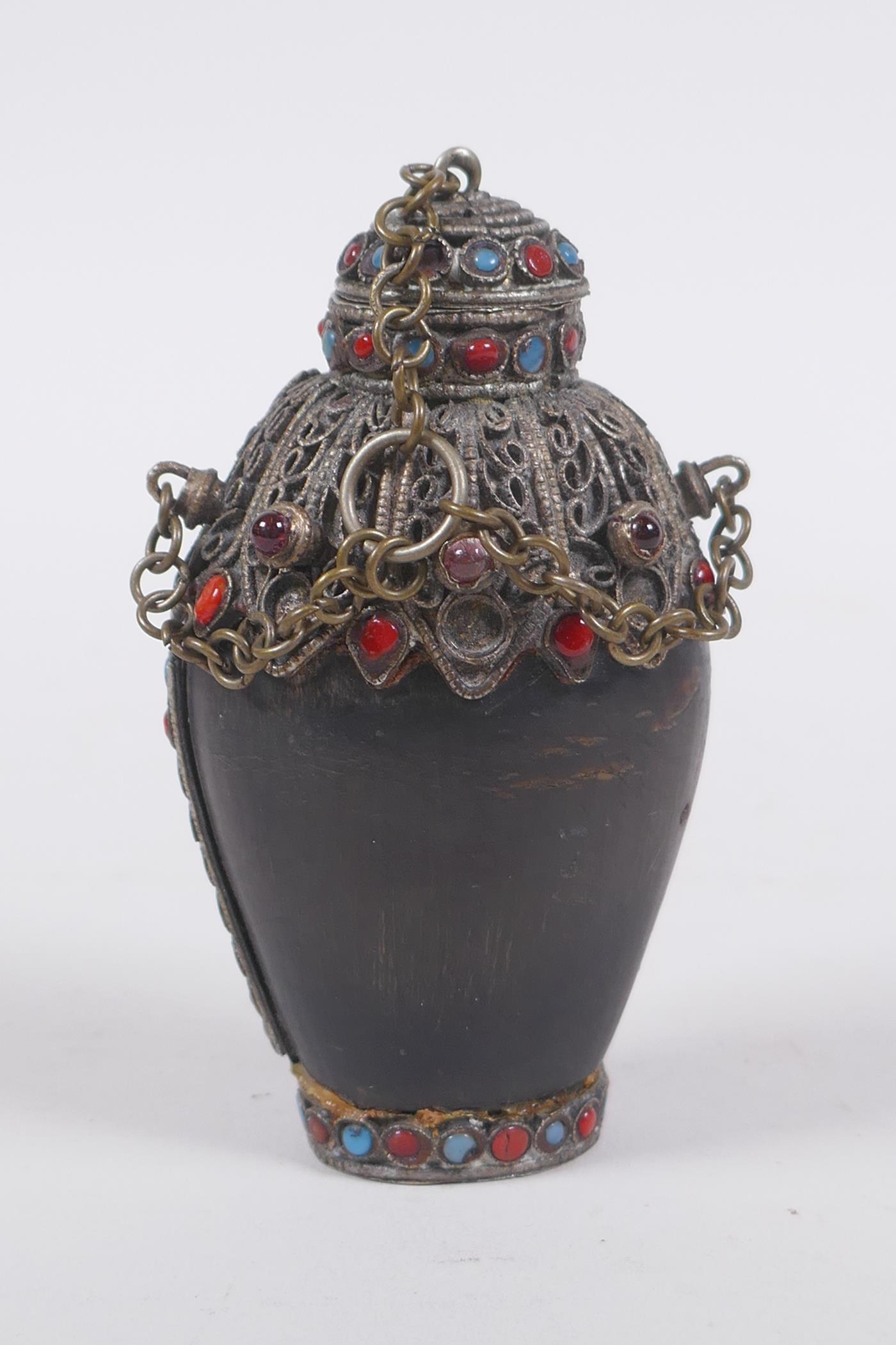 A Tibetan white metal mounted horn snuff bottle inset with semi precious stones, 9cm high - Image 2 of 5