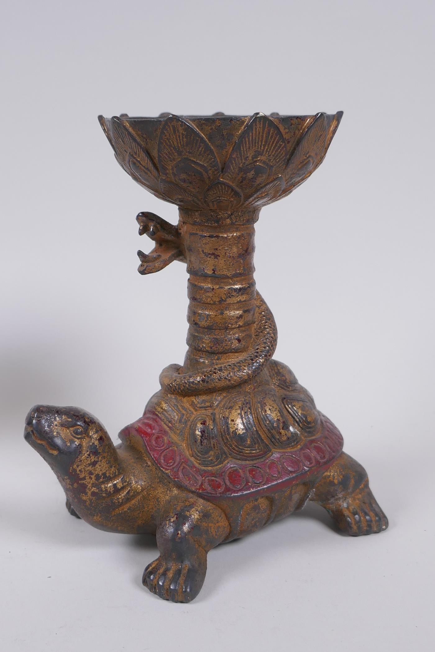 A pair of Chinese gilt and painted bronze pricket candlesticks raised on the backs of tortoises, - Image 3 of 7