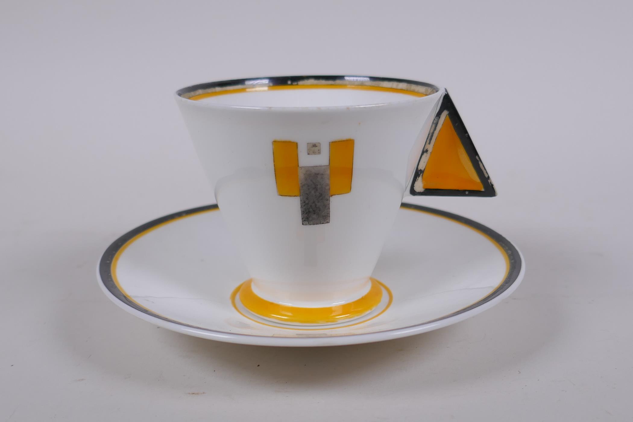Three 1930 Shelley Art Deco 'Vogue' shaped cup and saucers in the Yellow Blocks pattern, designed by - Image 3 of 5