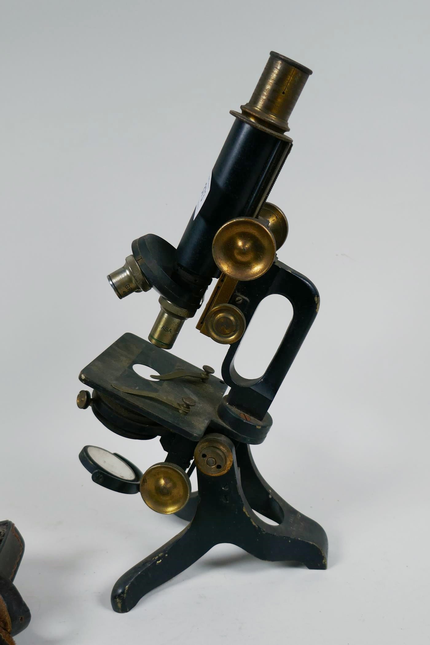 An antique monocular microscope, marked C. Baker, 244 High Holborn, London, No. 6150, 30cm high, and - Image 2 of 6