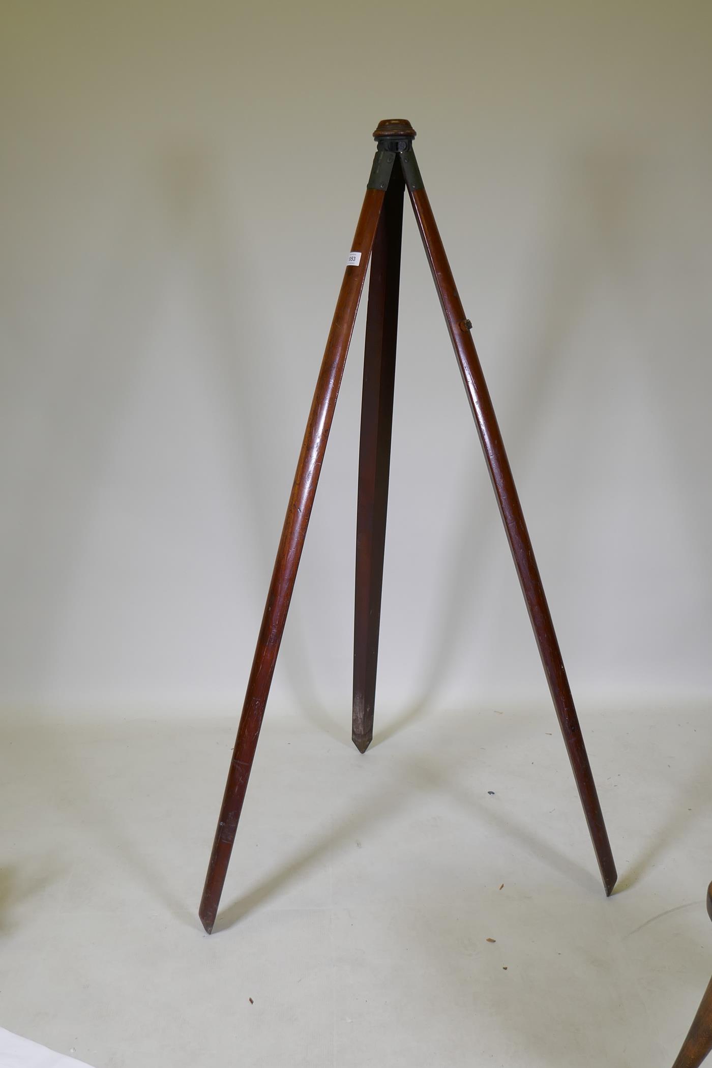 A C19th mahogany surveyor's tripod/camera stand, with bronze mounts and swivel head, 143cm long