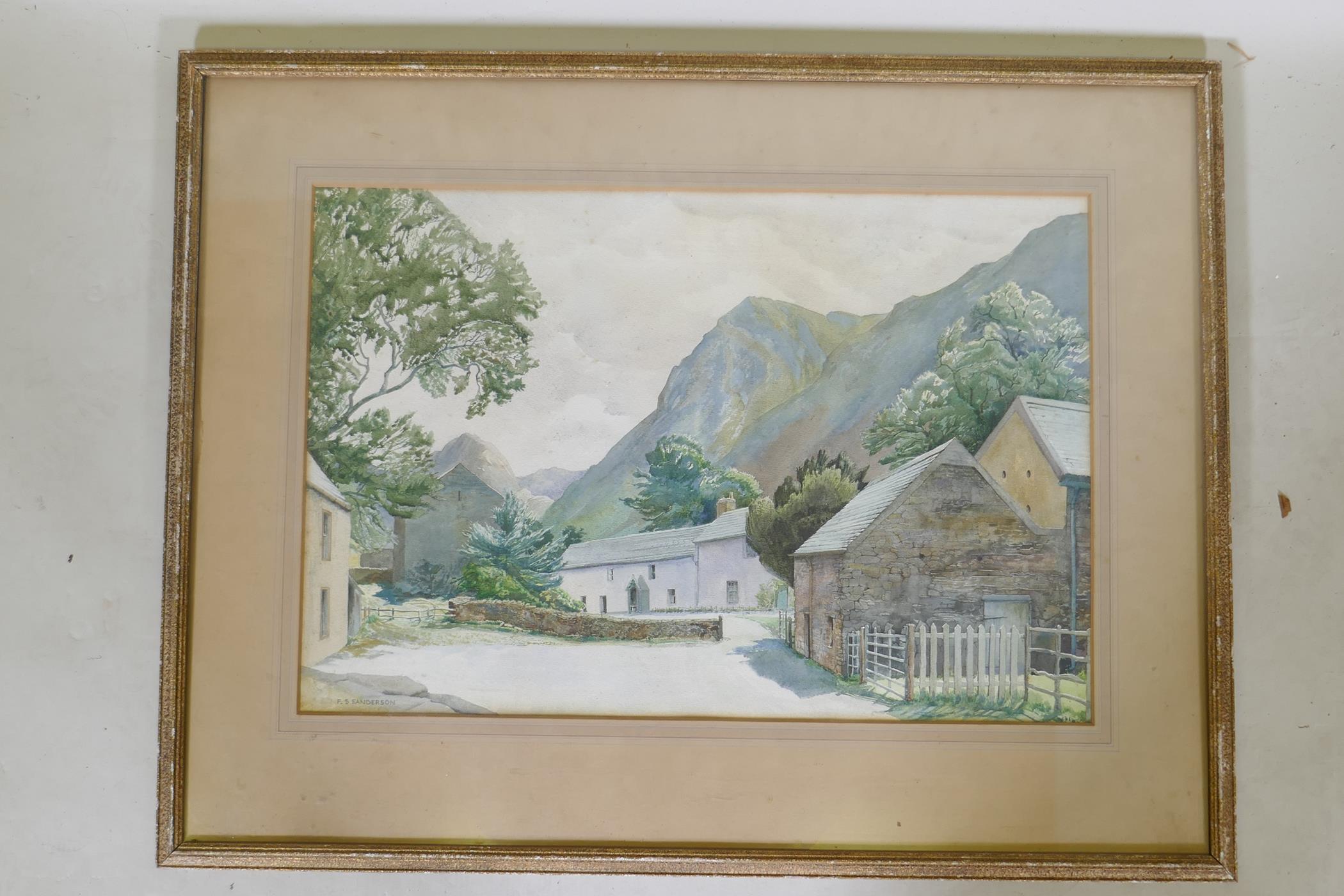 F.S. Sanderson, Wilkin Syke Farm, Buttermere, Cumberland, watercolour, signed, 53 x 36cm - Image 2 of 5