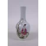 A Chinese Republic porcelain vase with polychrome decoration of a woman and child in a landscape,