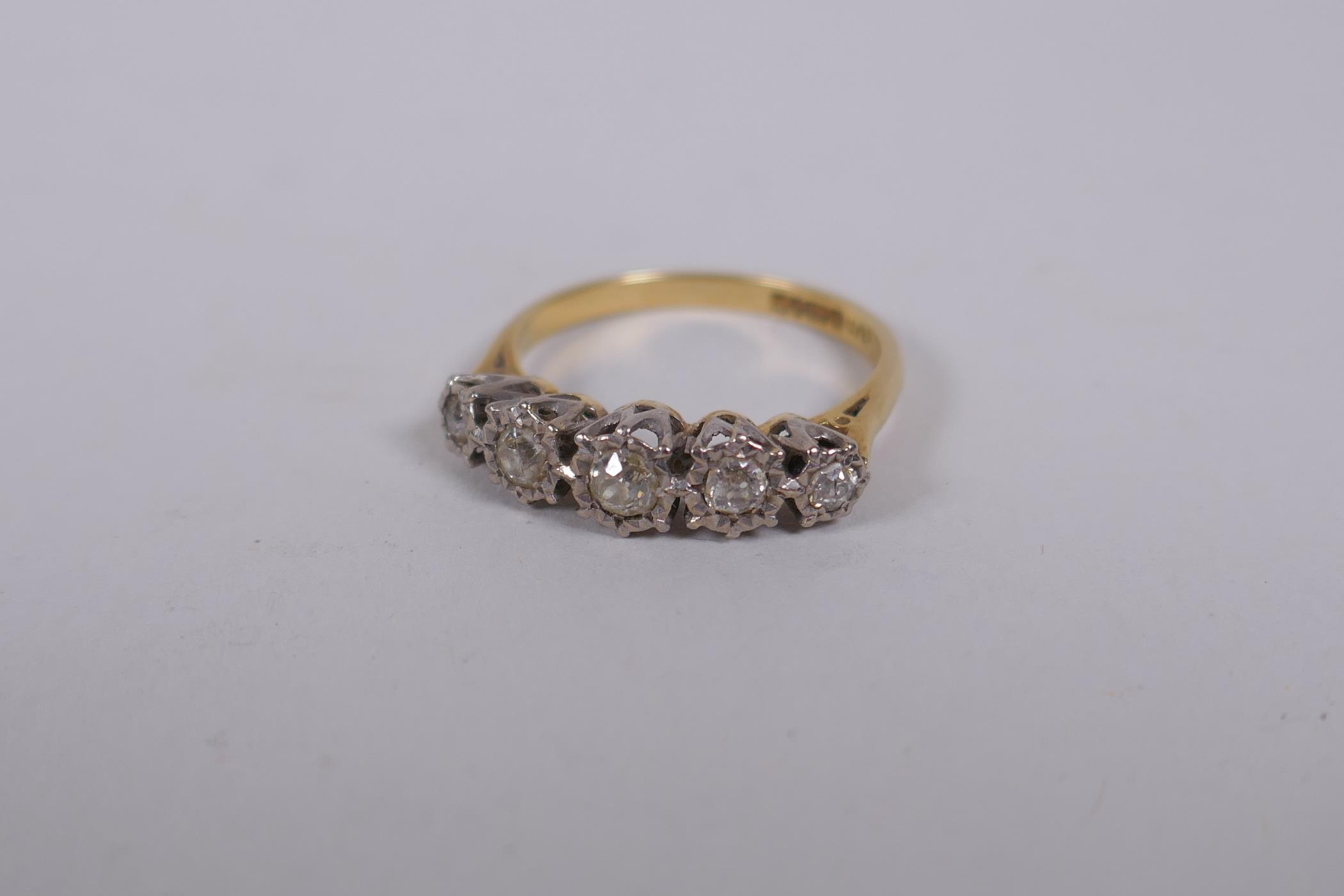 An 18ct yellow gold ring set with five old cut diamonds, 0.3ct, 3.8g gross - Image 3 of 4