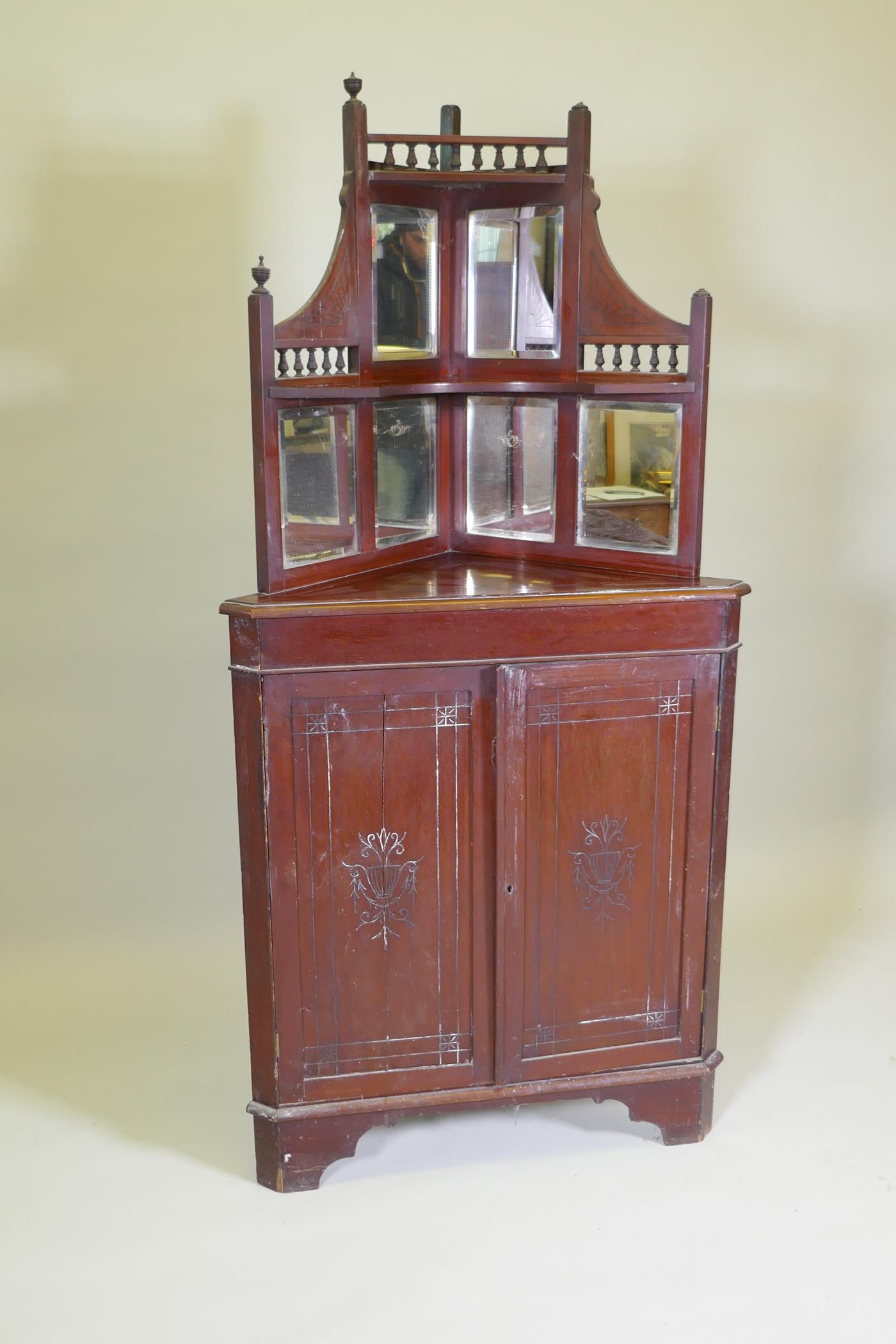 A Victorian mahogany standing corner cabinet with mirrored back and galleried shelves over two - Image 3 of 5