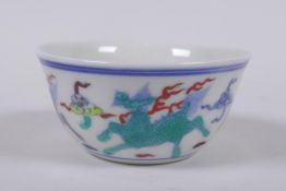 A doucai porcelain tea bowl with kylin decoration, Chinese Chenghua 6 character mark to base, 8cm