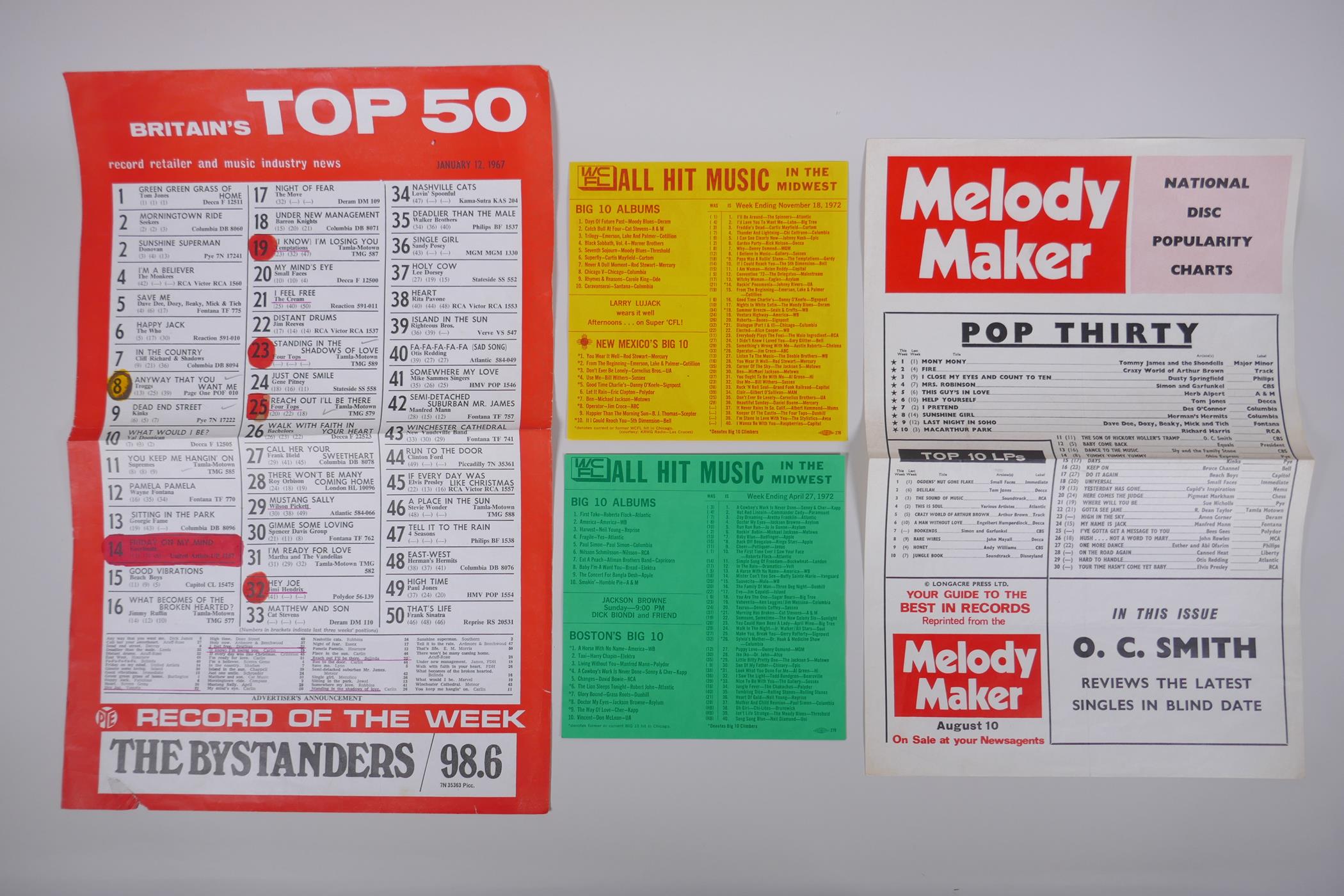 Two British 1960s singles Chart Sheets and two American 1970s singles Chart Sheets, largest 29 x