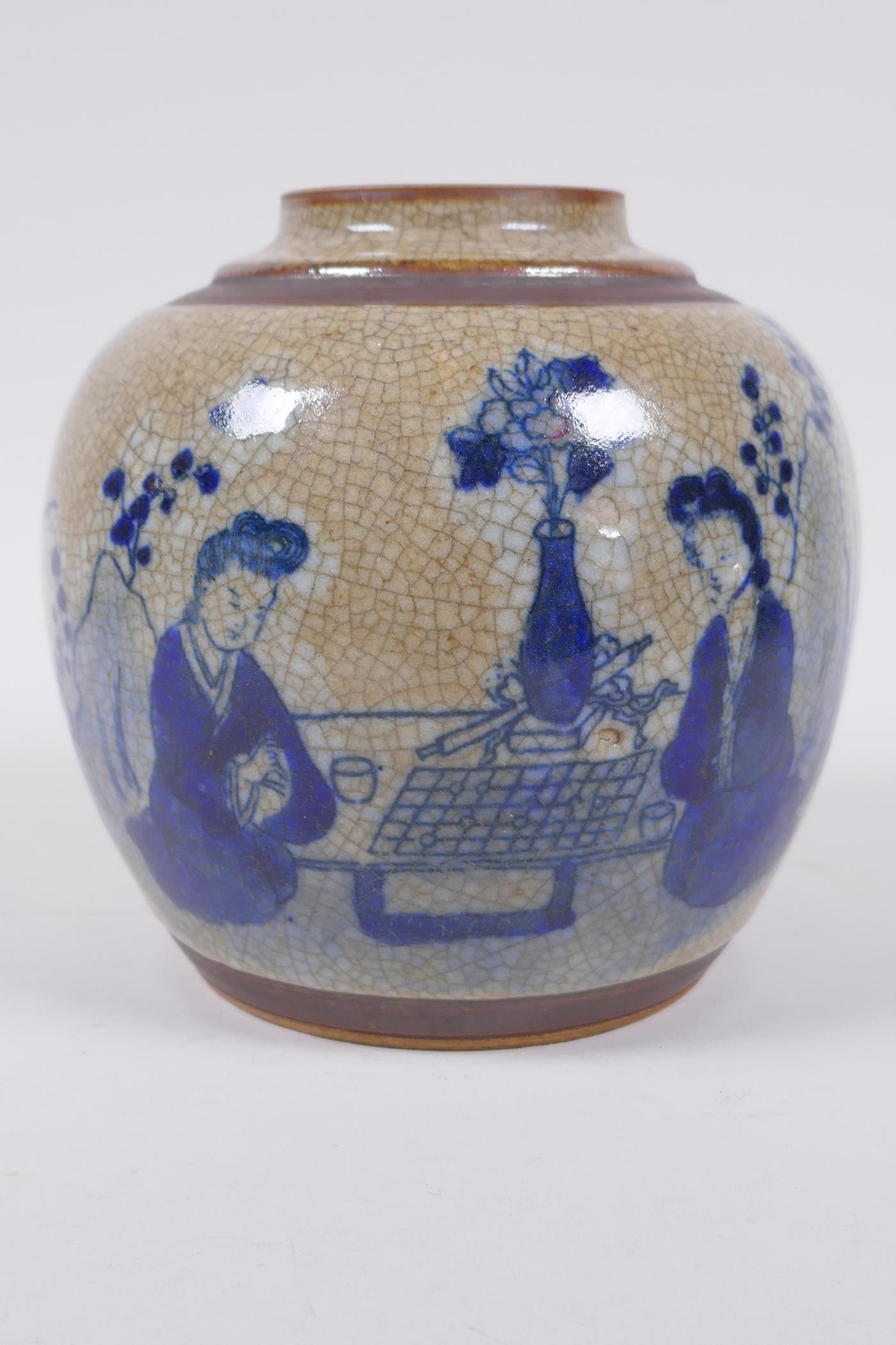 A Chinese blue and white crackleware ginger jar with bronze style bands and depictions of women