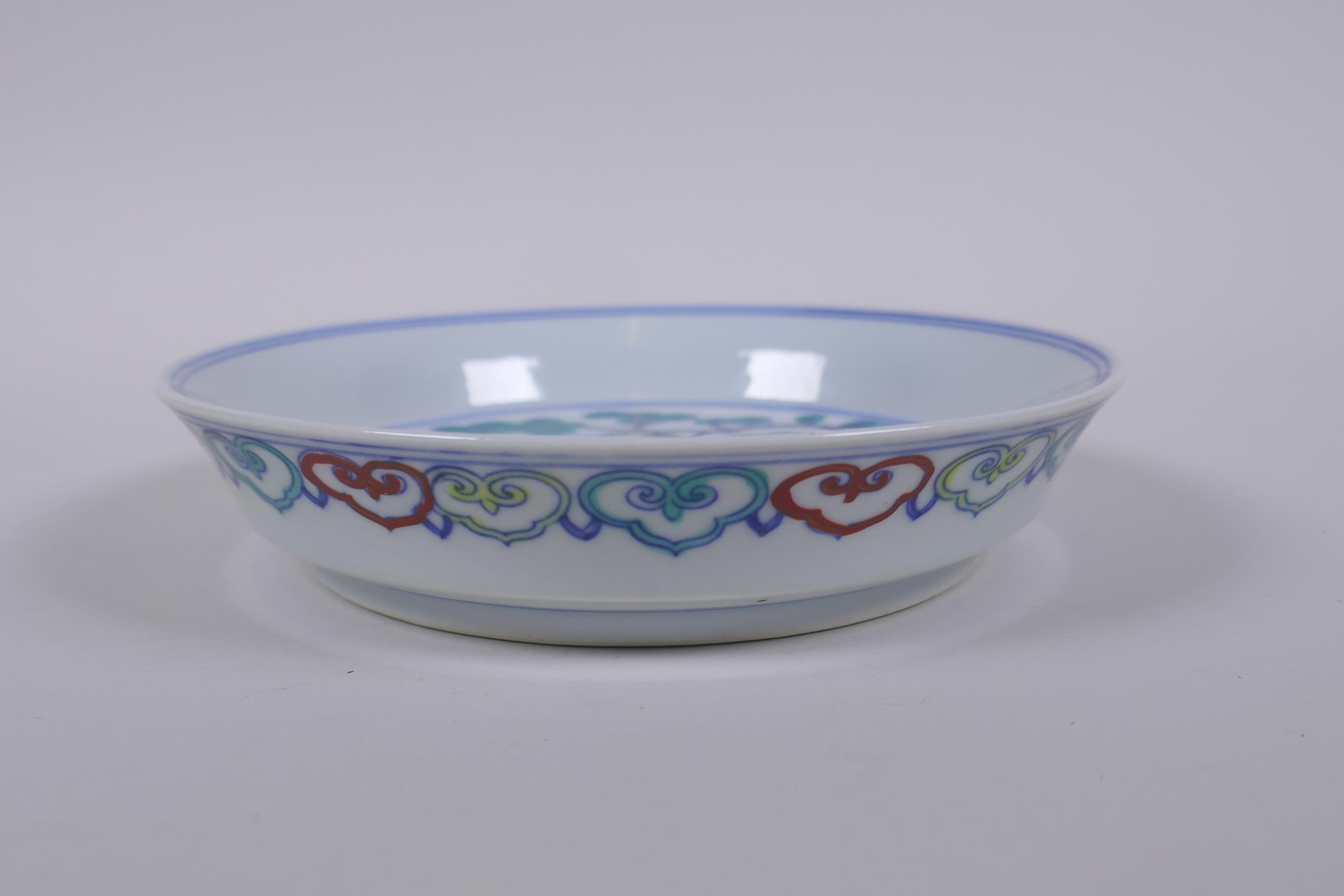 A Doucai porcelain cylinder saucer/dish with deer and bat decoration, Chinese Chenghua 6 character - Image 2 of 4