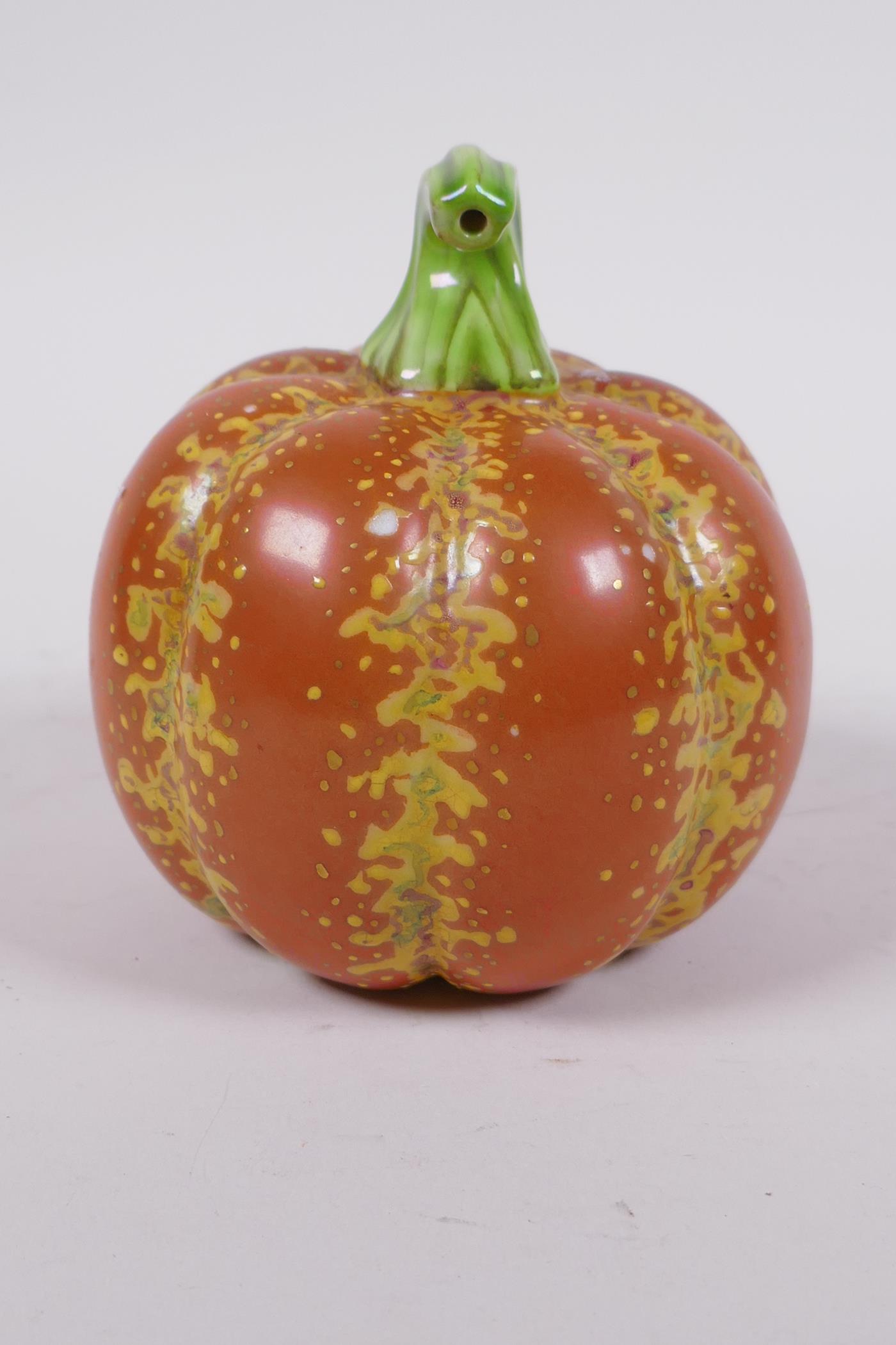 A Chinese polychrome porcelain pumpkin, gold Qianlong seal mark to base, 10cm high, 10cm diameter - Image 5 of 7