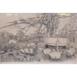 Maria Burges Whinney, Truckwell Farm, study of sheep by a farm cart, etching, 1/75, inscribed and