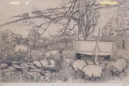 Maria Burges Whinney, Truckwell Farm, study of sheep by a farm cart, etching, 1/75, inscribed and