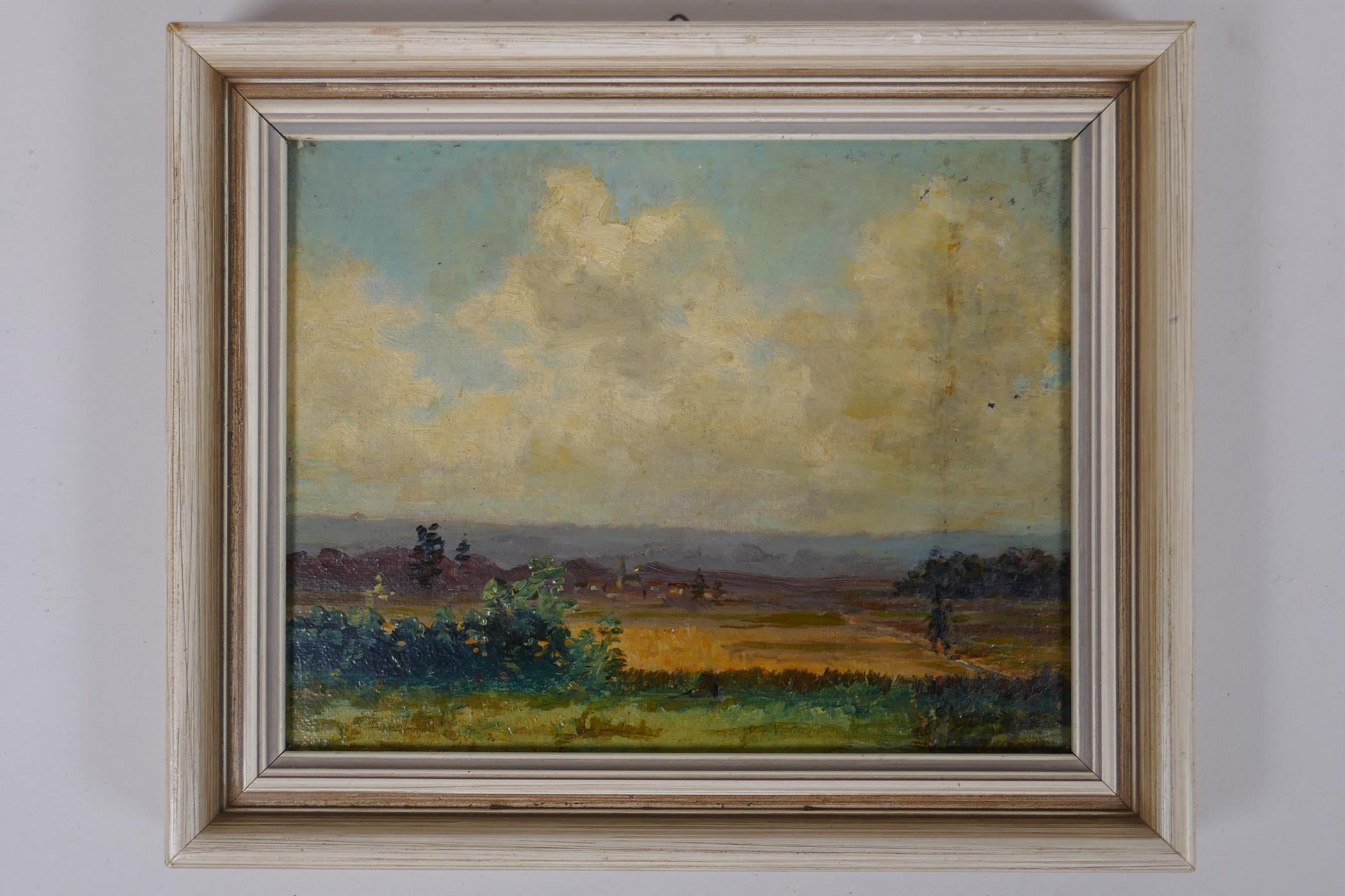 A C19th continental oil on canvas laid on board, rural landscape, signed indistinctly, 16 x 13cm - Image 2 of 4