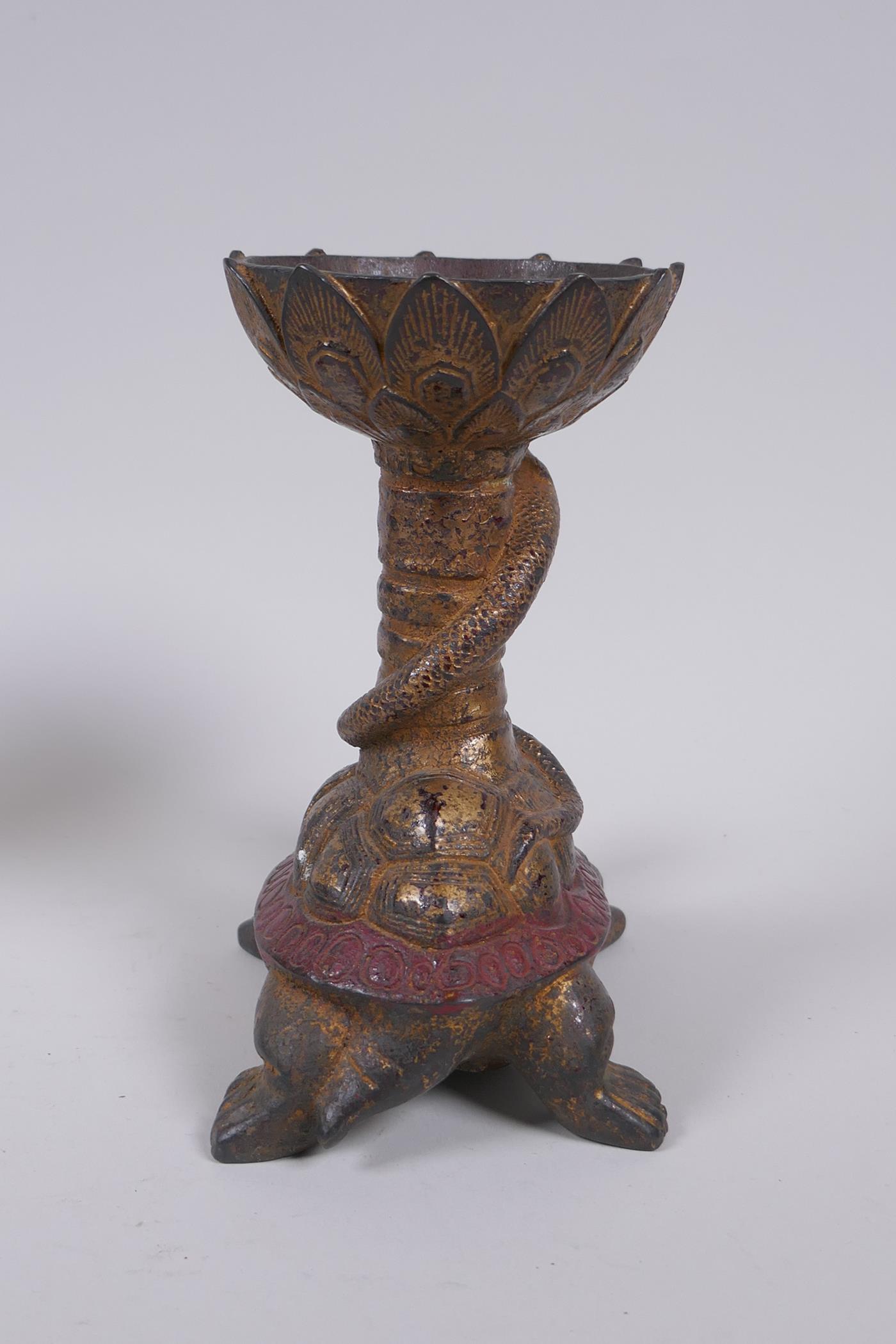 A pair of Chinese gilt and painted bronze pricket candlesticks raised on the backs of tortoises, - Image 4 of 7