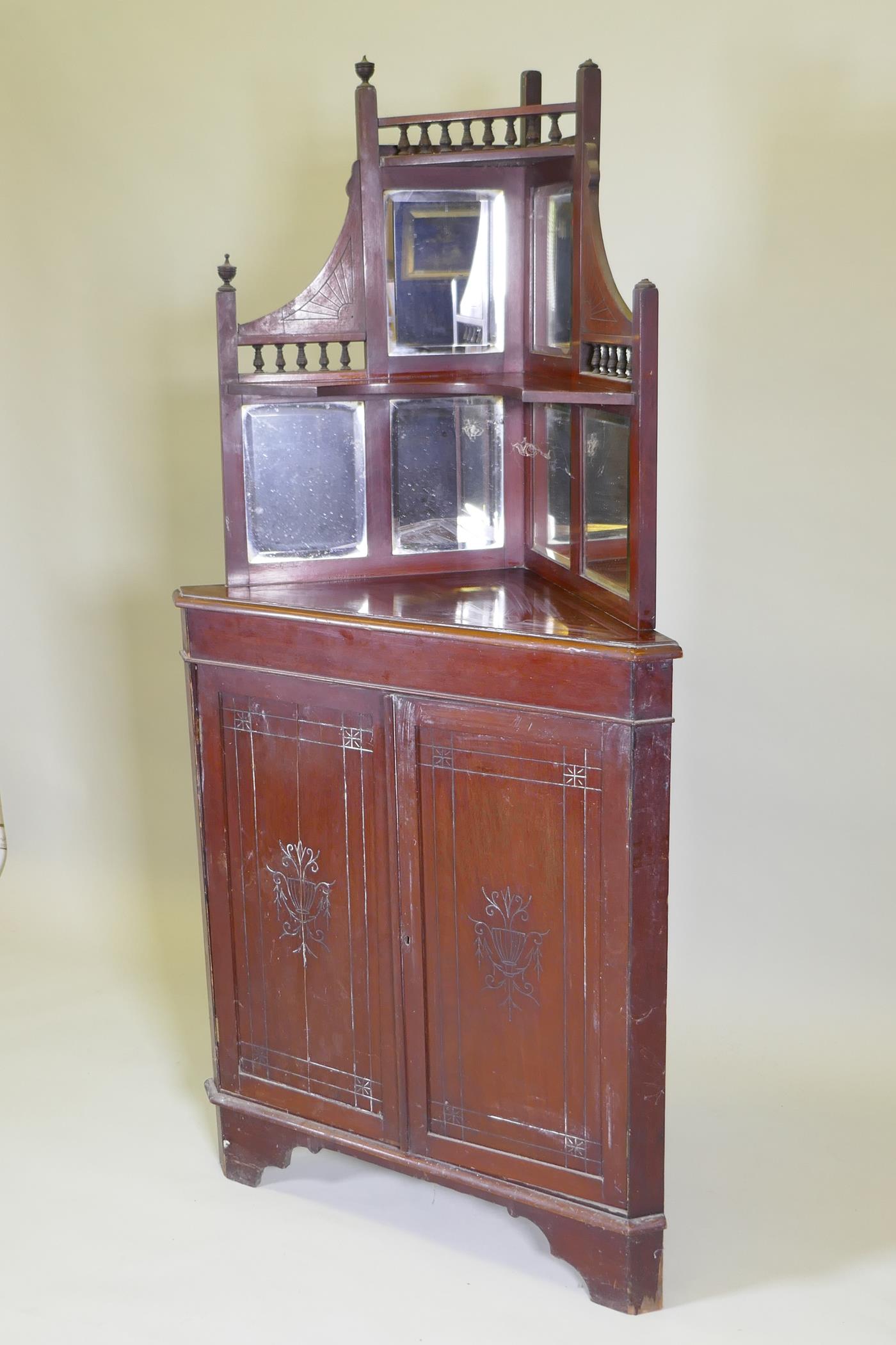 A Victorian mahogany standing corner cabinet with mirrored back and galleried shelves over two - Image 2 of 5