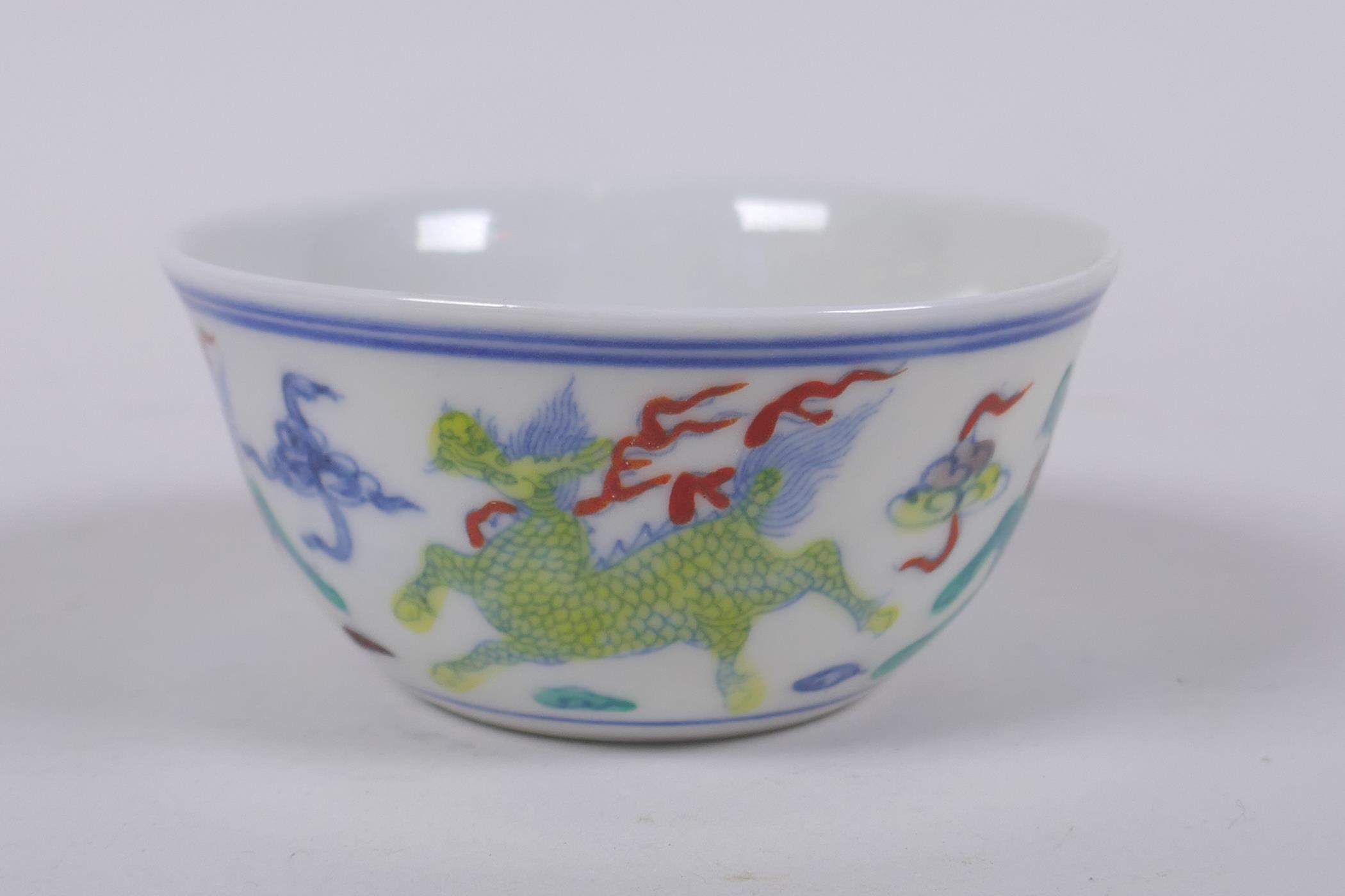 A doucai porcelain tea bowl with kylin decoration, Chinese Chenghua 6 character mark to base, 8cm - Image 2 of 6