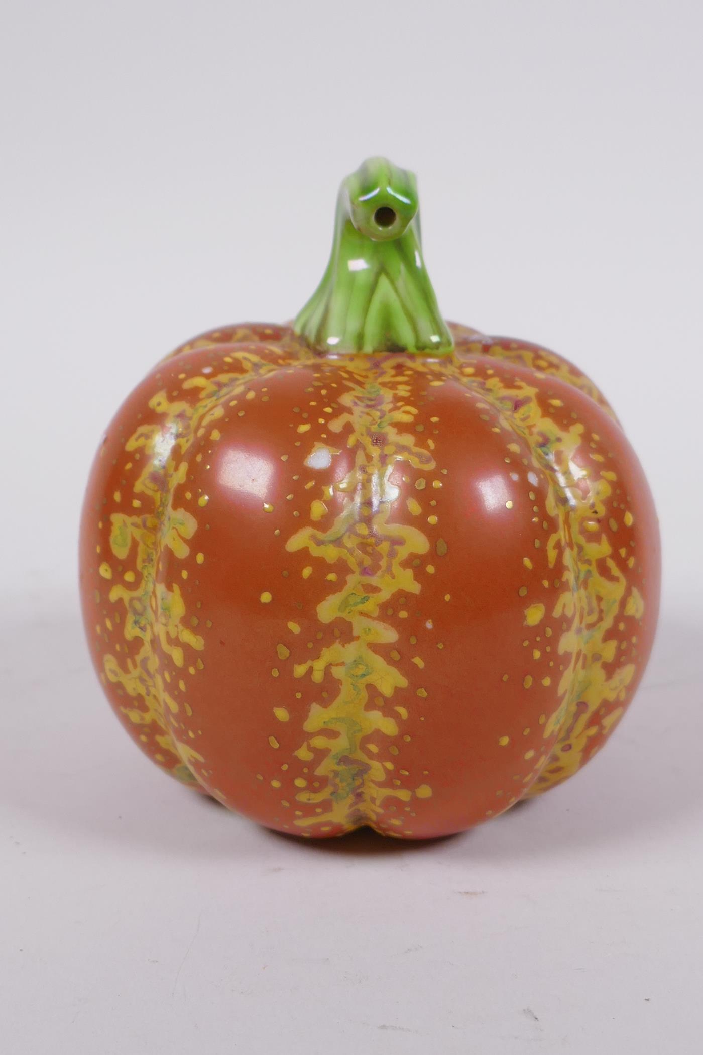 A Chinese polychrome porcelain pumpkin, gold Qianlong seal mark to base, 10cm high, 10cm diameter - Image 4 of 7