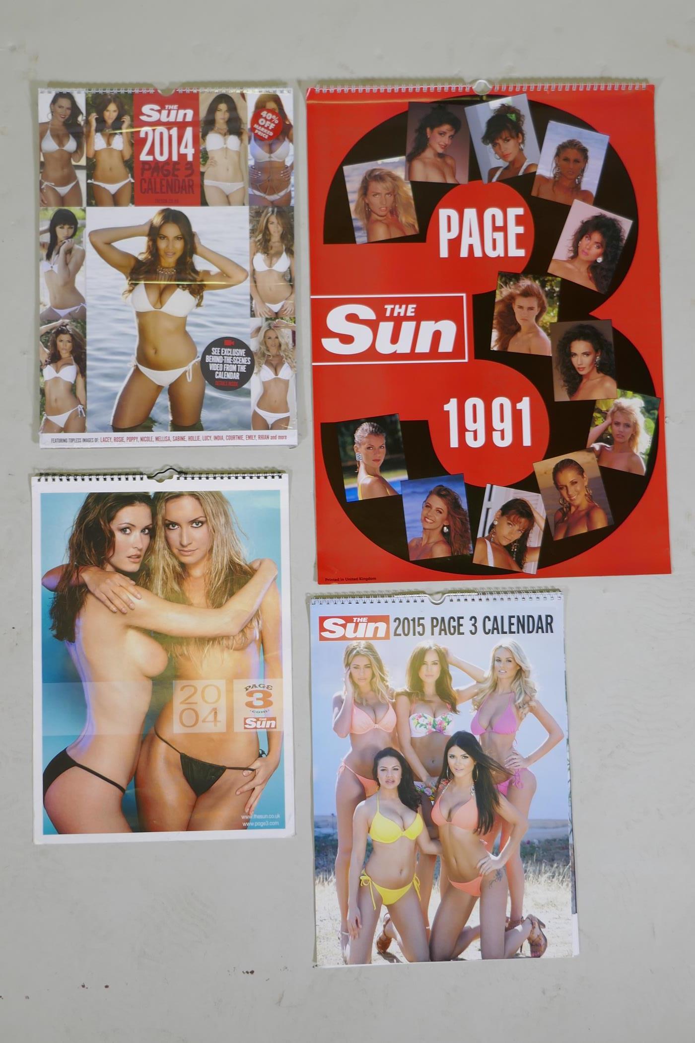 The Sun, four "page 3" calendars, 1991, 2004, 2014 and 2015, largest 42 x 59cm