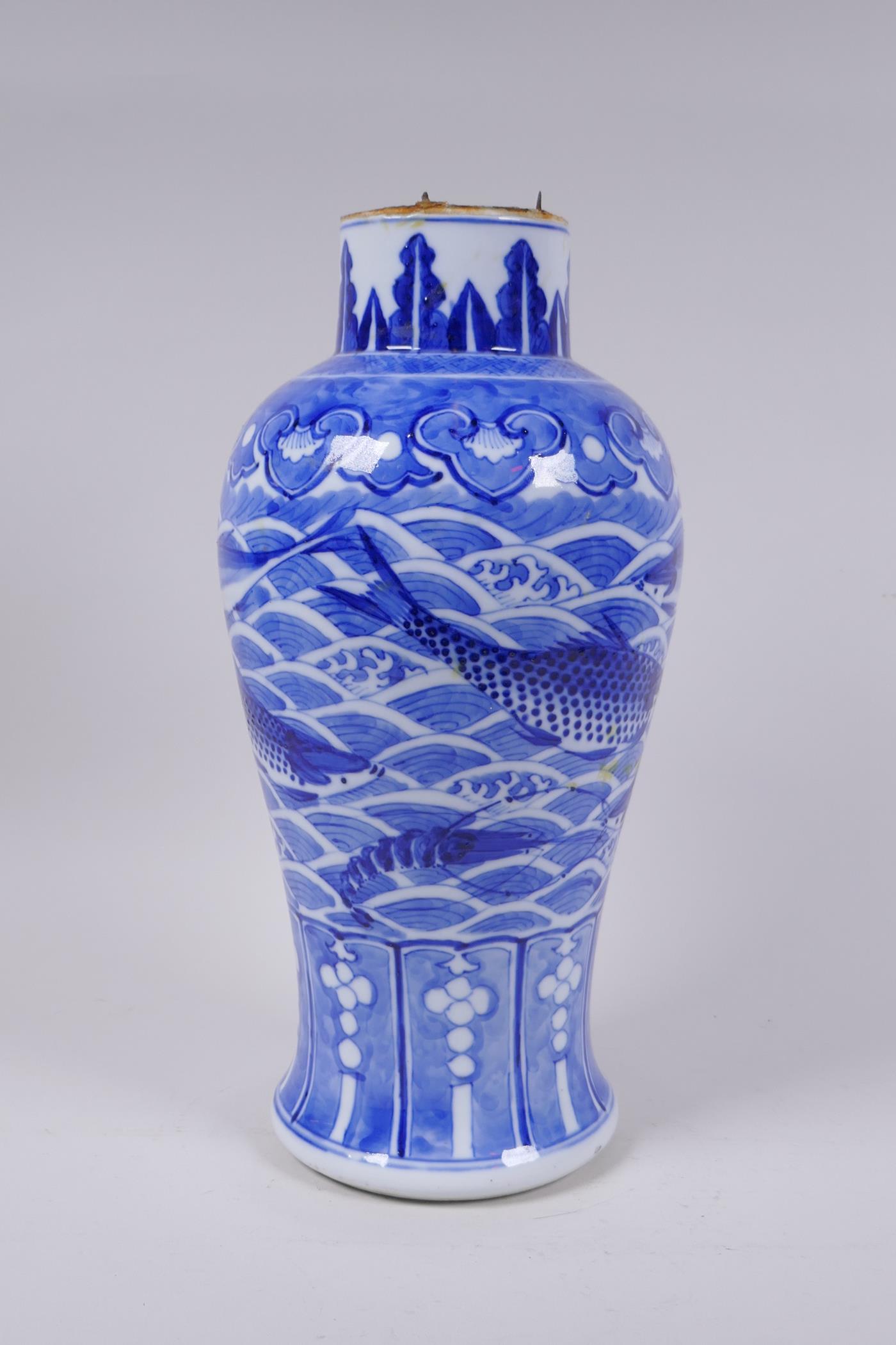 A C19th Chinese blue and white porcelain vase decorated with carp and crabs, Xuande 4 character mark - Image 5 of 9
