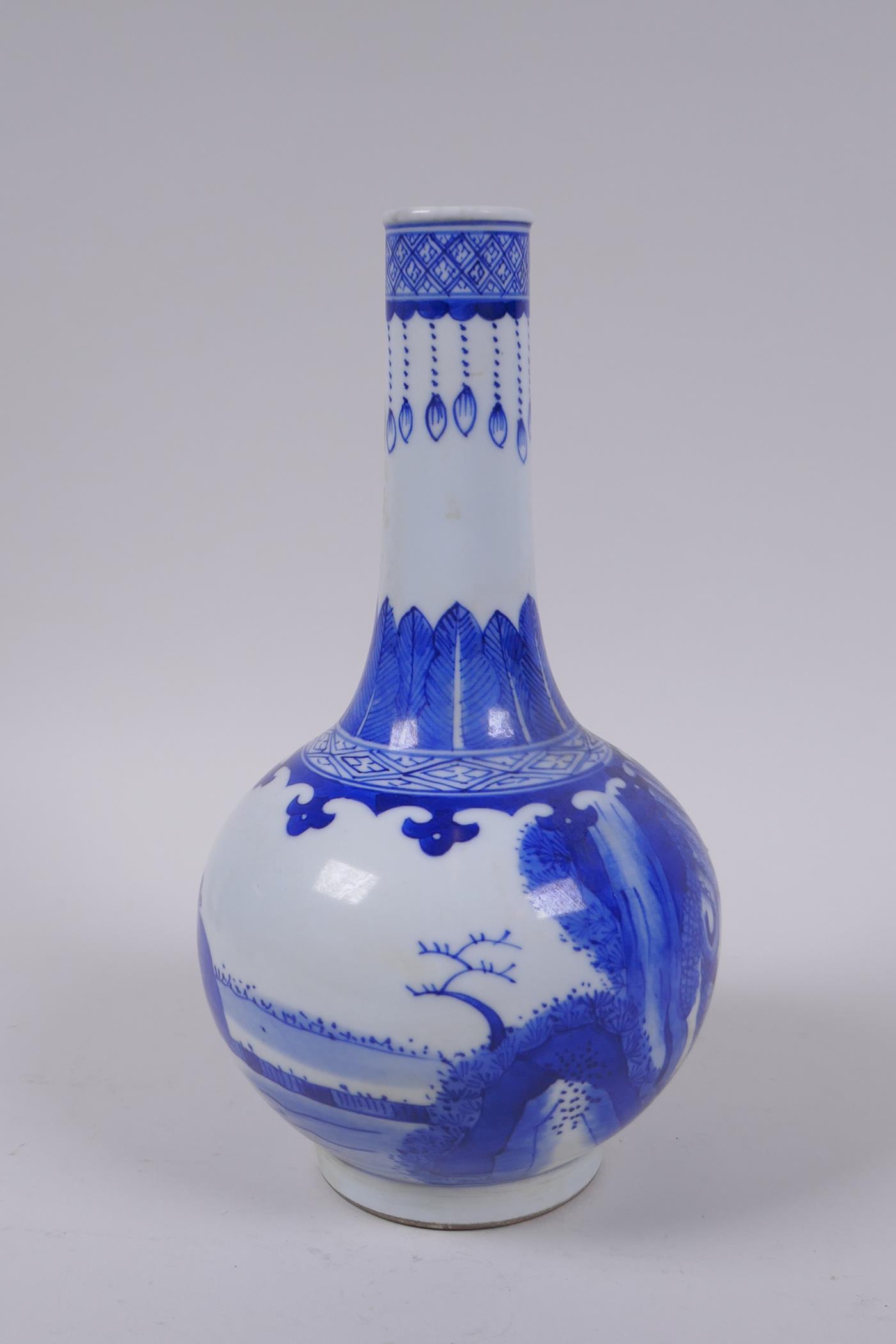 A blue and white porcelain bottle vase decorated with a figure riding a buffalo drawn raft, - Image 4 of 5