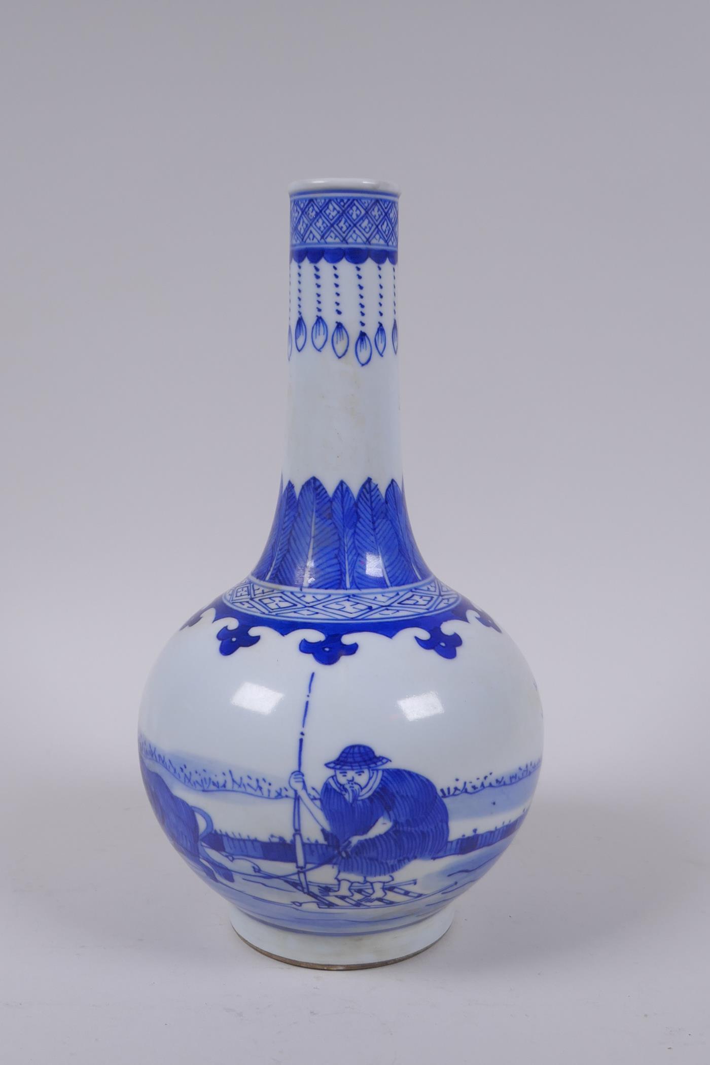A blue and white porcelain bottle vase decorated with a figure riding a buffalo drawn raft,