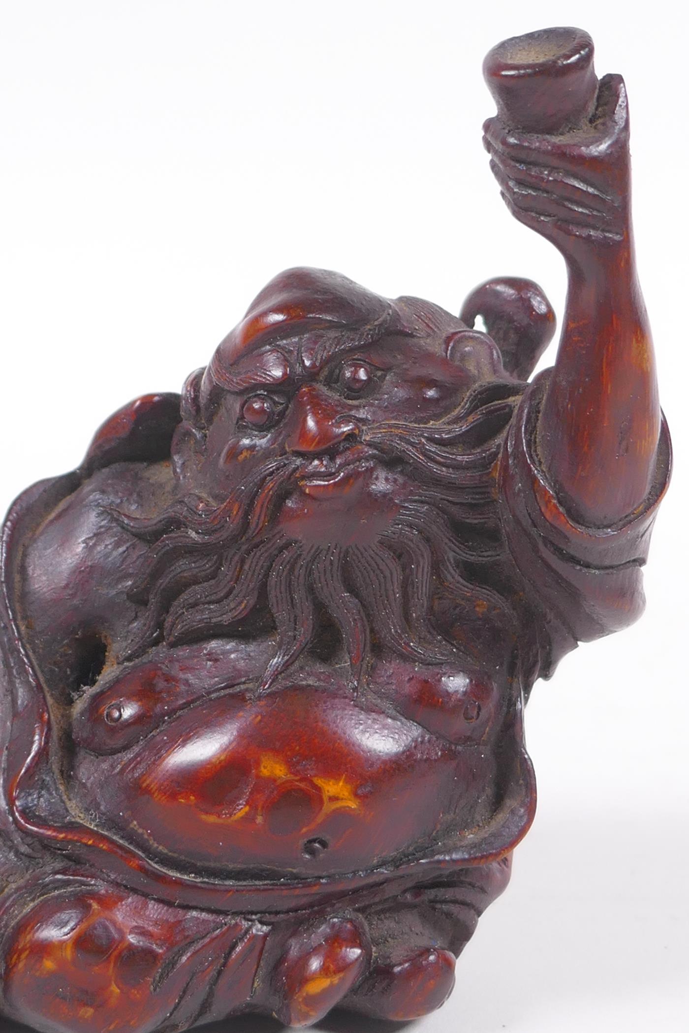 A Chinese carved bamboo root figure of a bearded seated sage, 10cm wide, 10cm high - Image 2 of 4