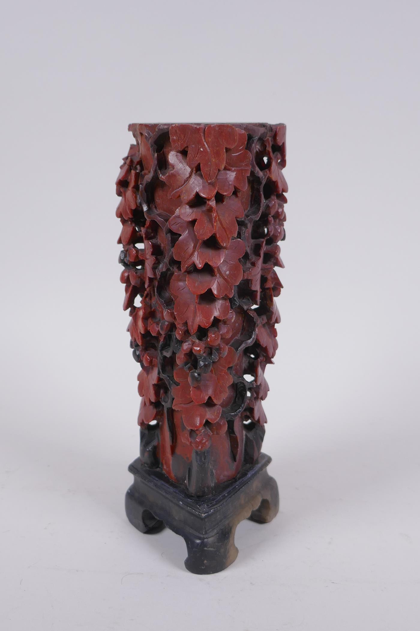 A Chinese carved soapstone vase with pierced grape vine decoration, AF repair, 20cm high - Image 4 of 6