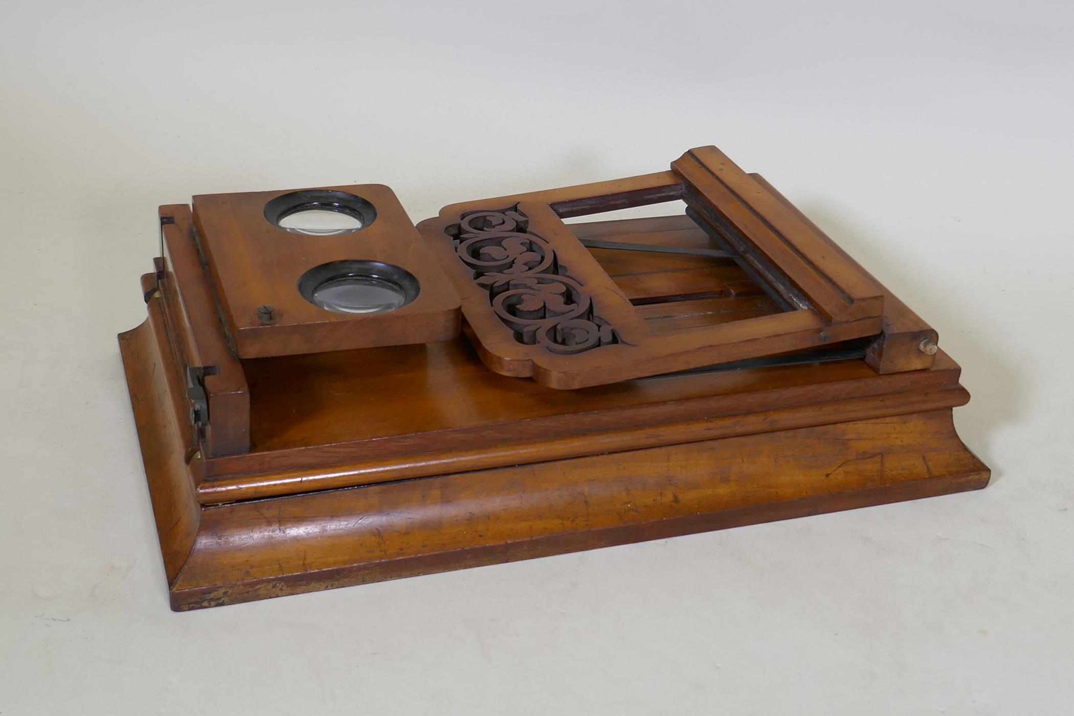 A good C19th mahogany stereoscope with pierced fret decoration, in the manner of Newton & Co, 39 x - Image 4 of 5