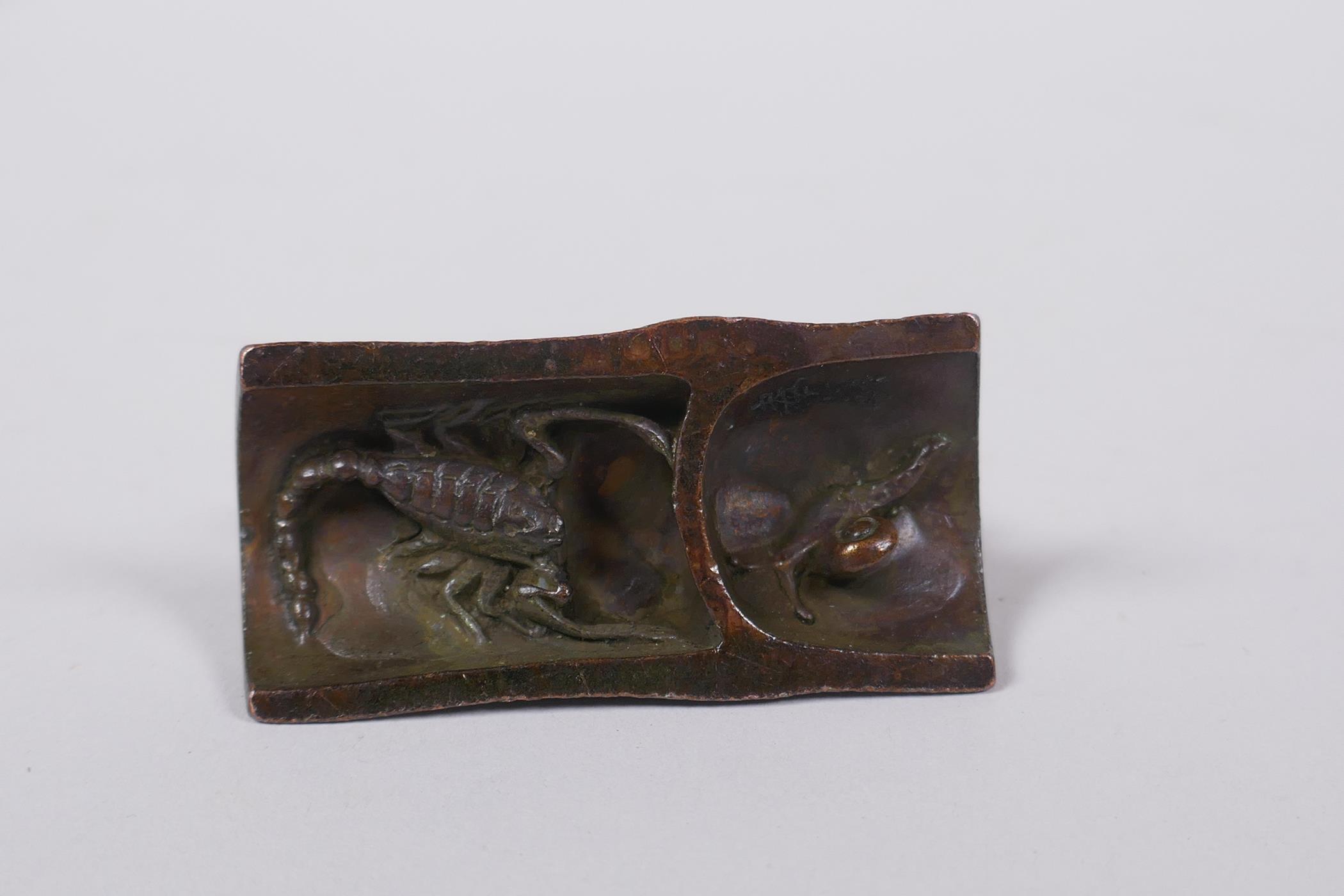 A Japanese bronze okimono cicada on bamboo, signed to base, 6cm - Image 3 of 4