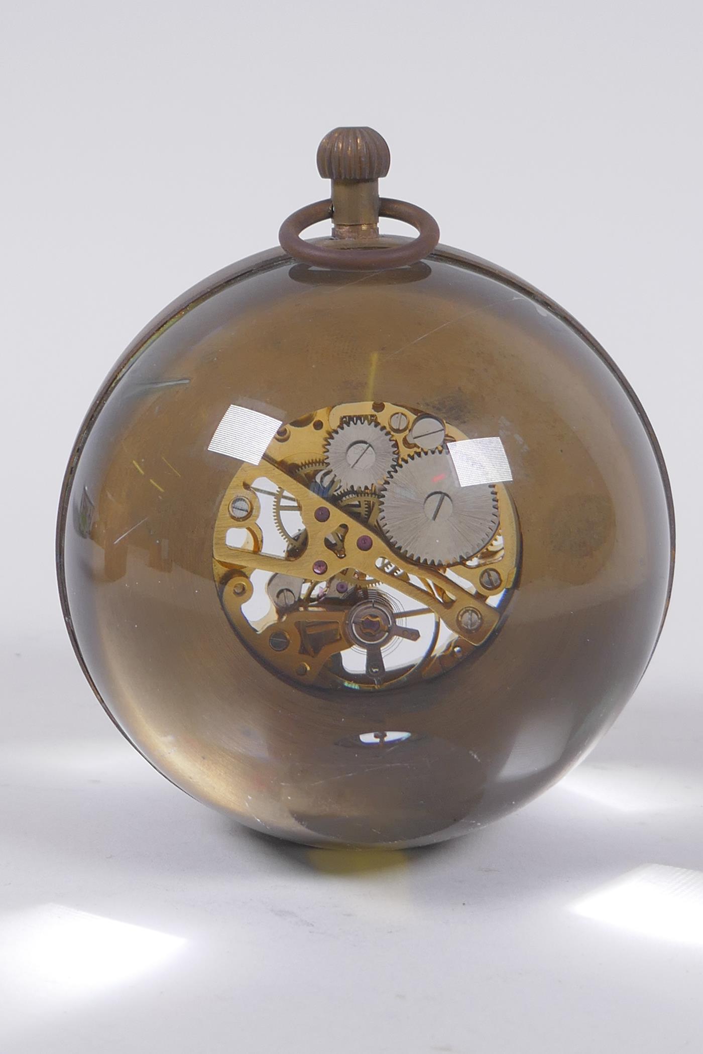 A brass and glass ball desk clock, 8cm diameter - Image 3 of 3