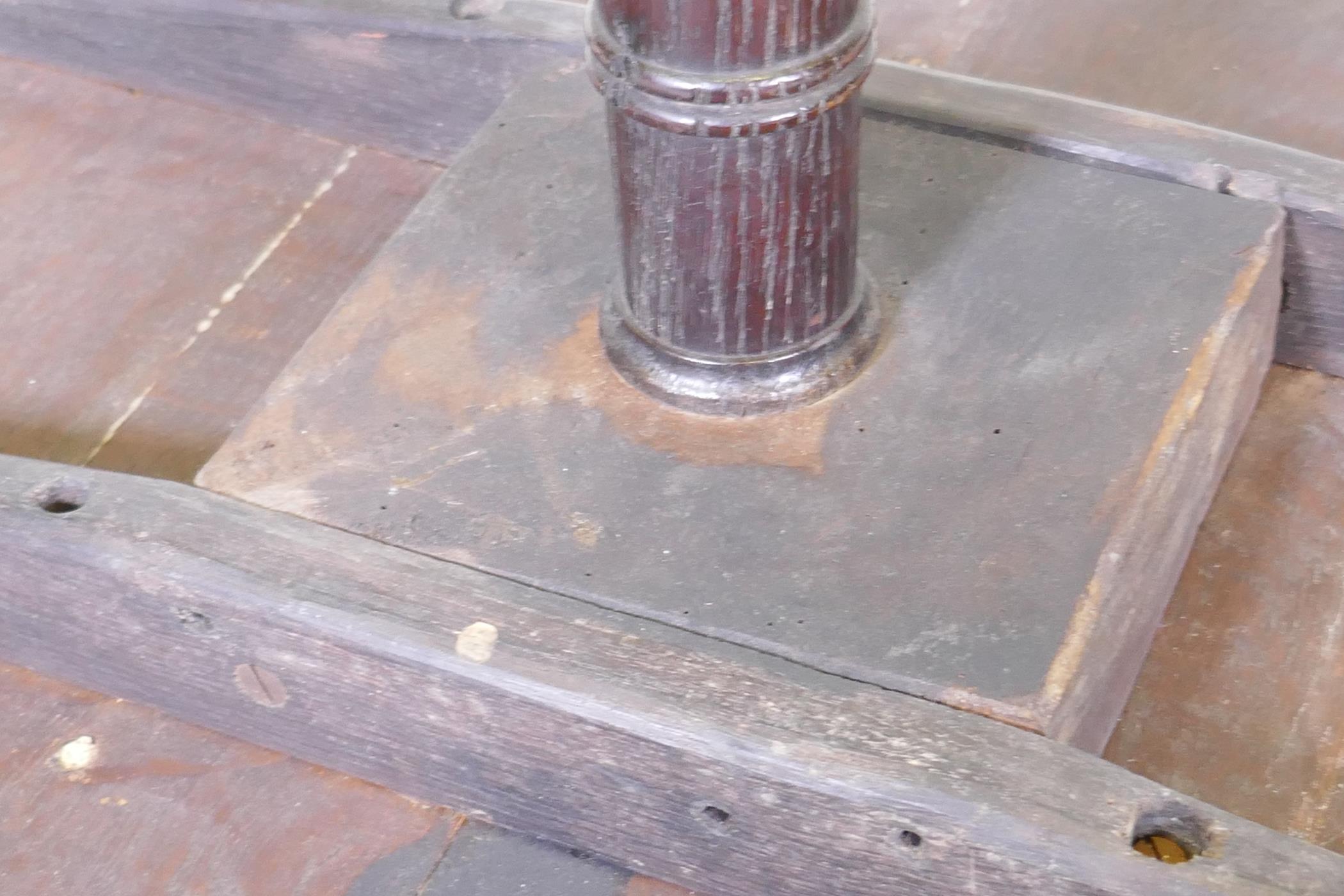 A Georgian tilt top oak table, raised on a canon barrel turned column with tripod supports, adapted, - Image 5 of 5