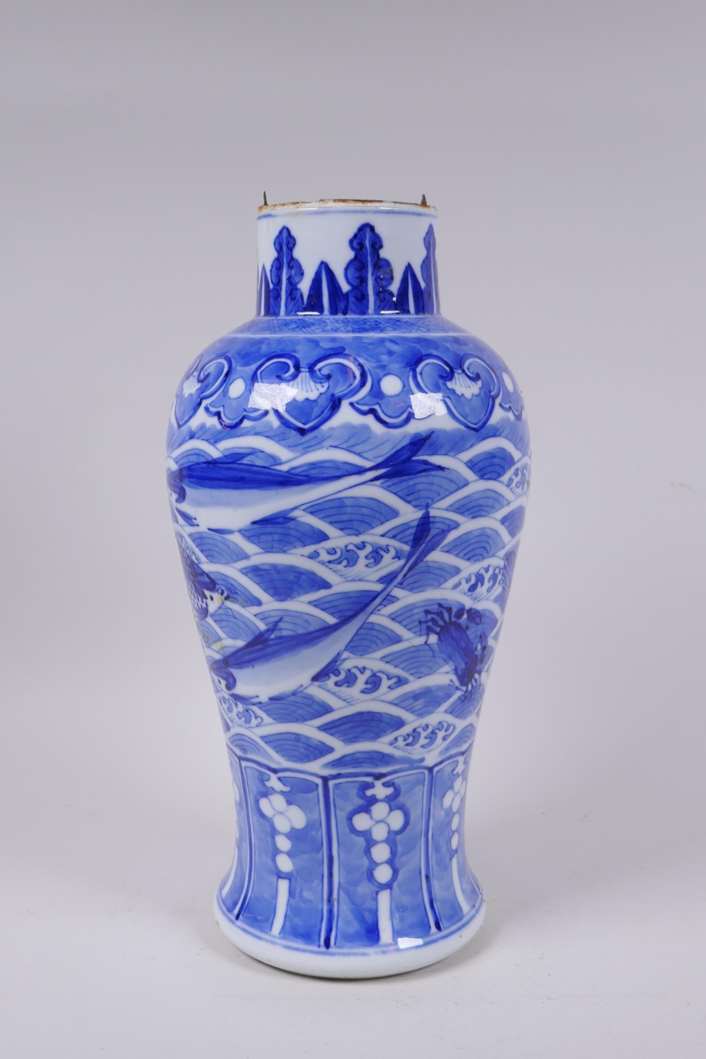 A C19th Chinese blue and white porcelain vase decorated with carp and crabs, Xuande 4 character mark - Image 2 of 9