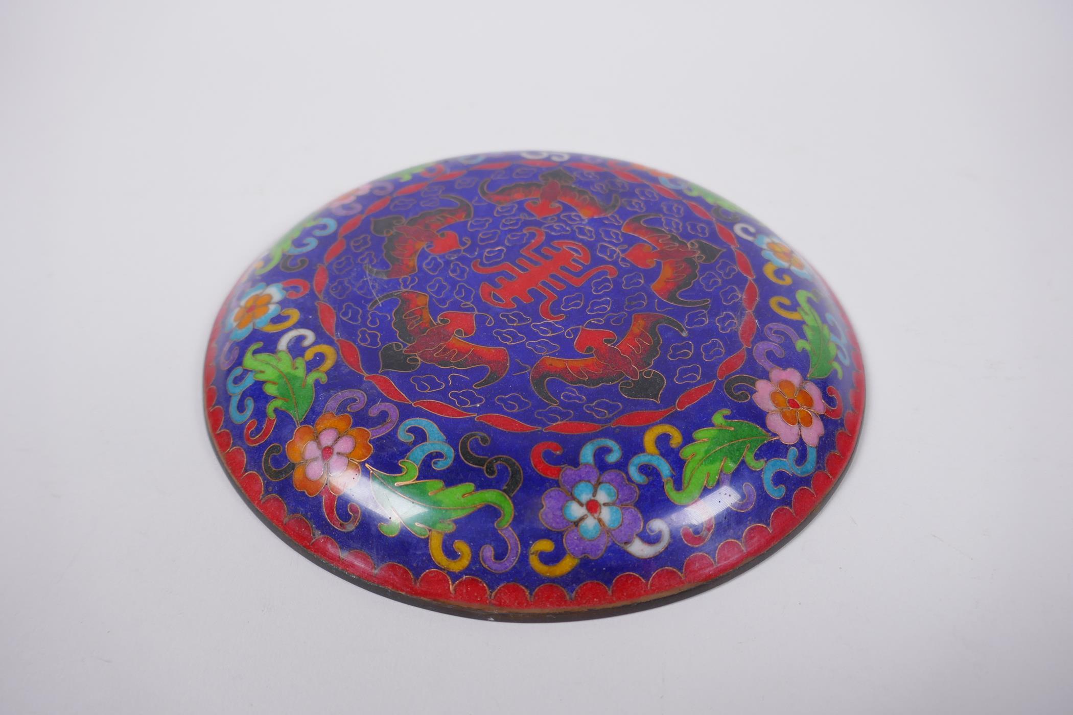 A Chinese cloisonne enamel dish decorated with auspicious symbols, bats and birds, crack to base, - Image 2 of 3