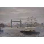 Shipping on the Thames near Tower Bridge, signed Lacy, oil, and shipping in a fjord, gouache, both