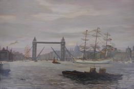 Shipping on the Thames near Tower Bridge, signed Lacy, oil, and shipping in a fjord, gouache, both