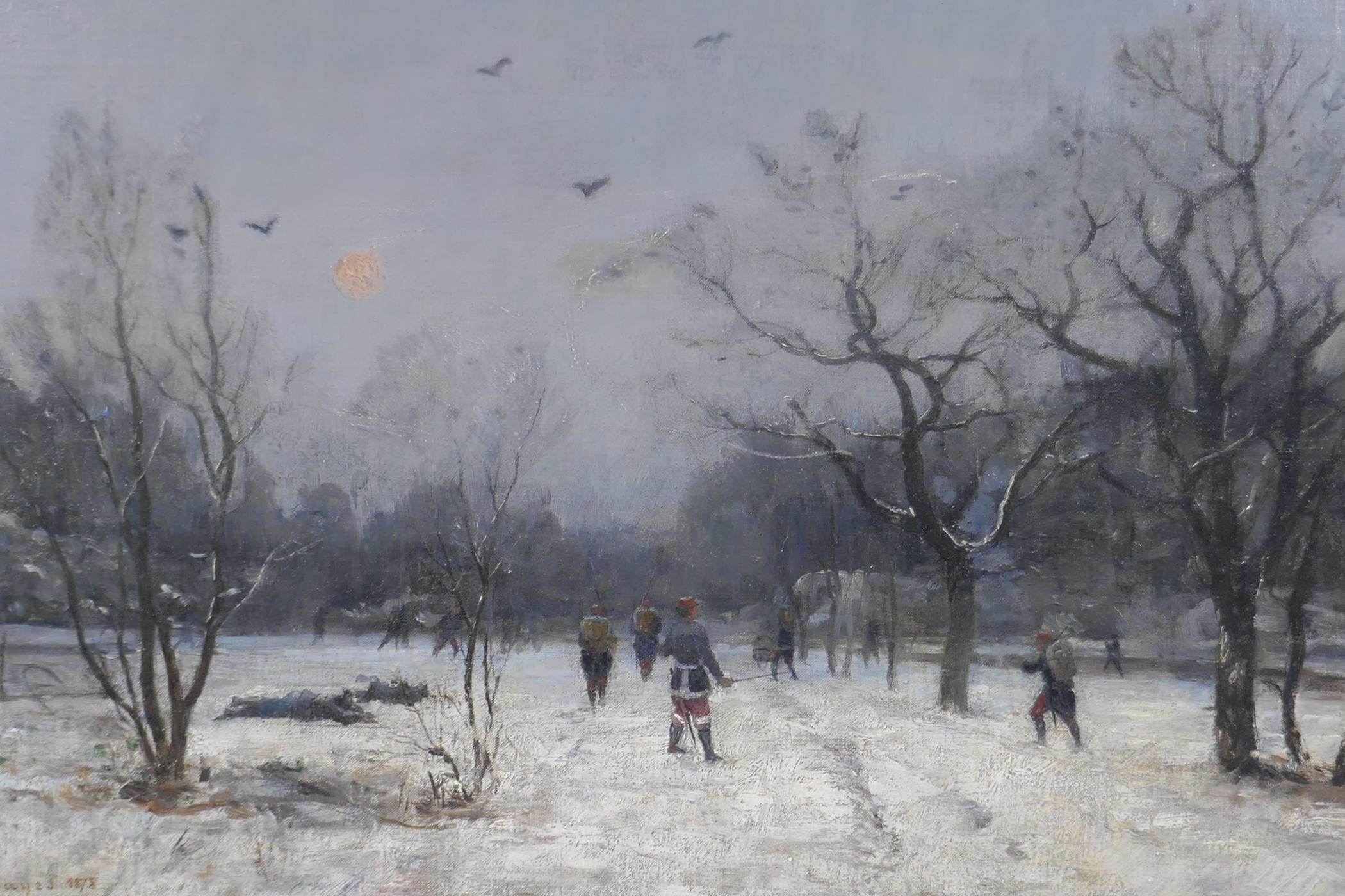 Charles Felix Edouard Deshayes, (French, 1831 - 1895), winter landscape with soldiers, 1878, oil