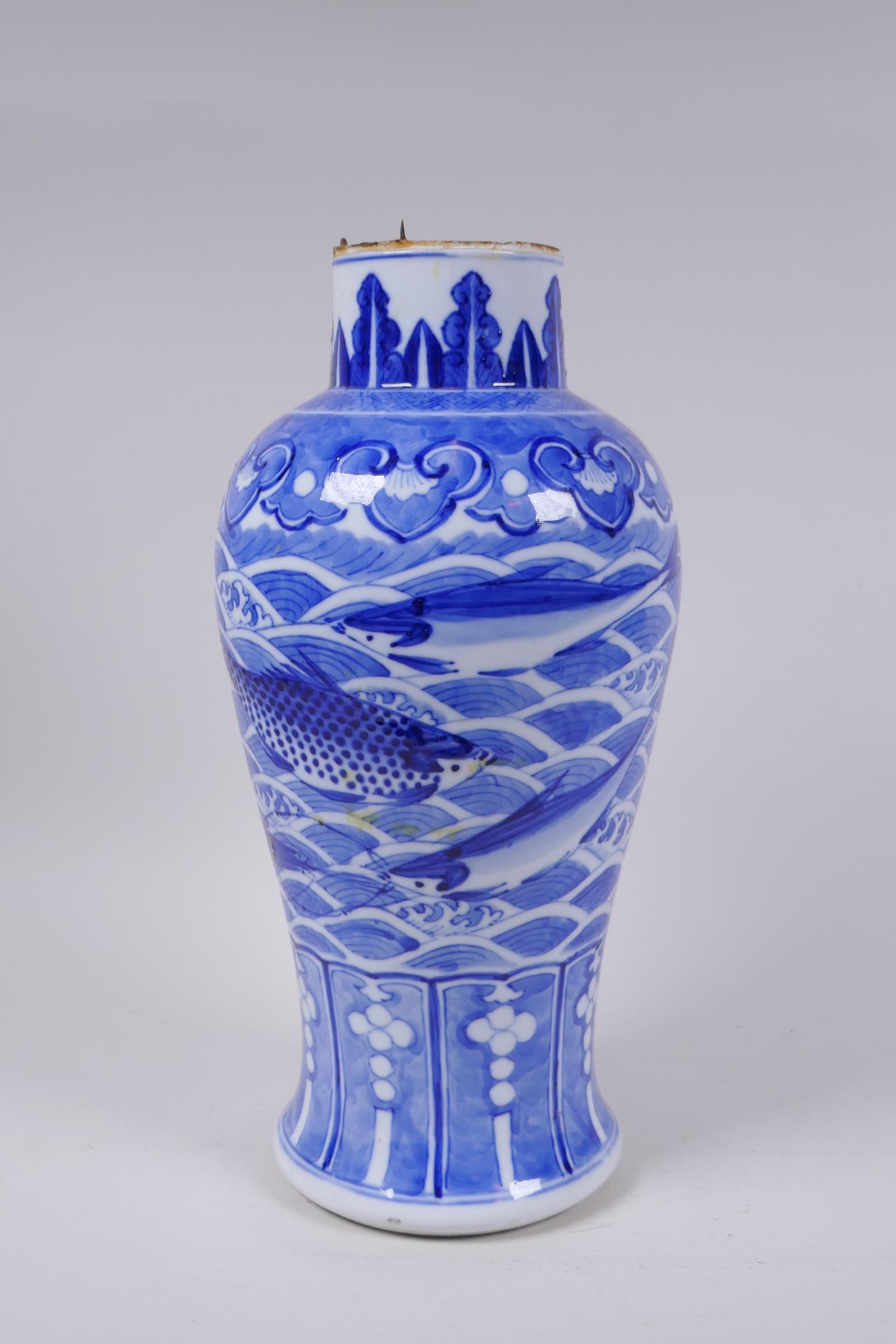 A C19th Chinese blue and white porcelain vase decorated with carp and crabs, Xuande 4 character mark - Image 6 of 9